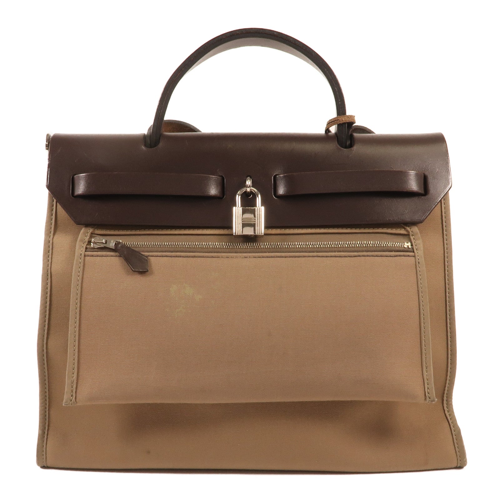 HERMES 帆布Herbag PM銀扣手挽肩背兩用袋Etoupe