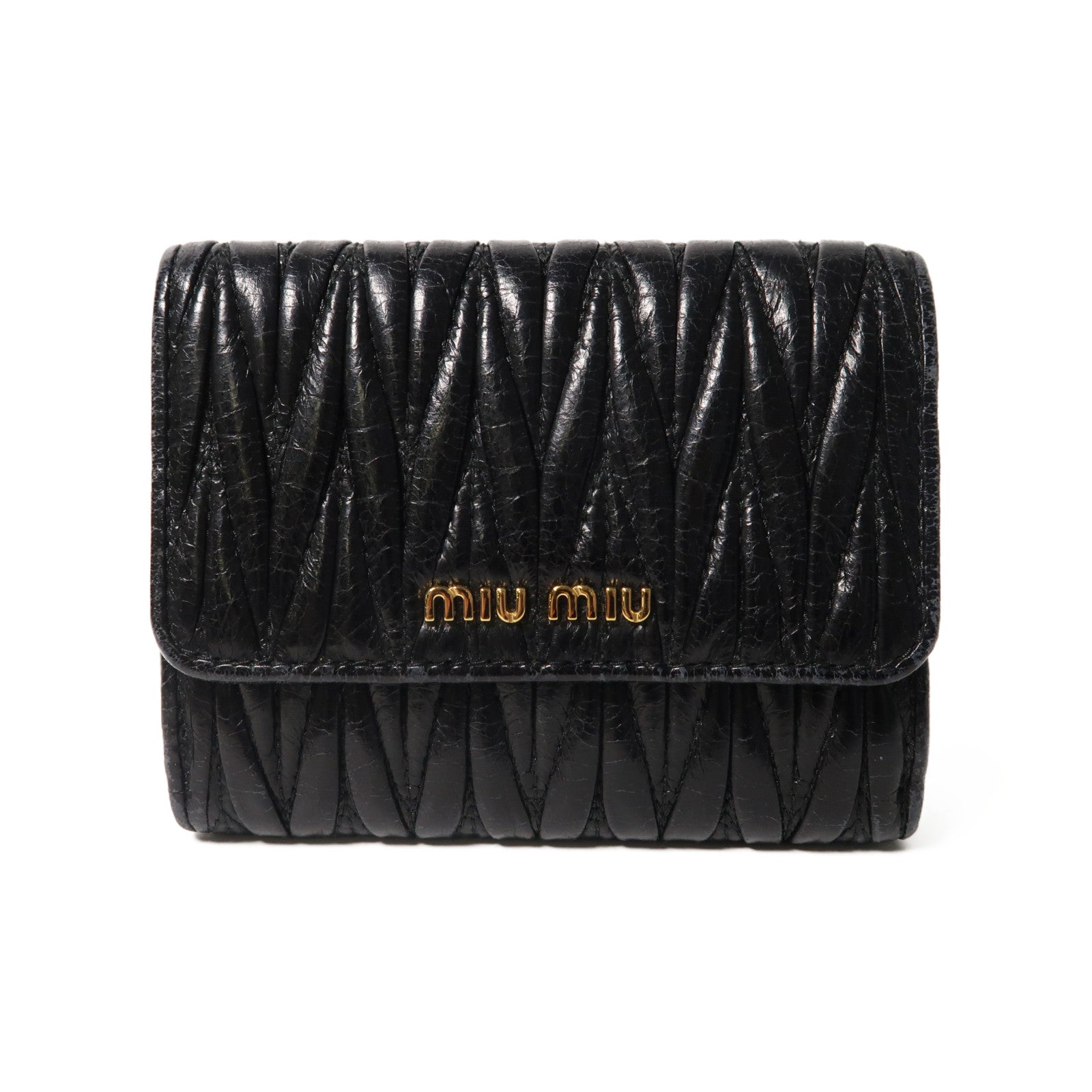 Miu Miu 【激減優惠】羊皮皮革Matelasse Wallet金扣鈕扣錢包黑色