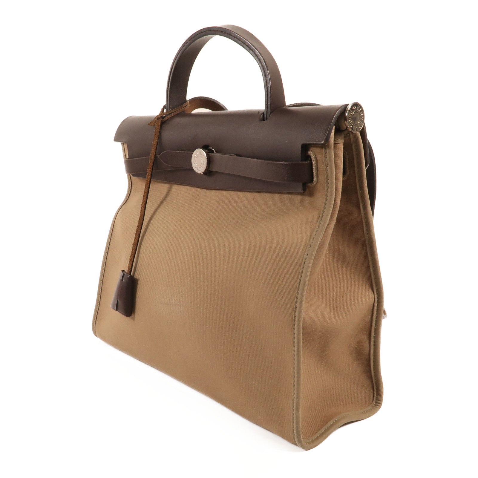 HERMES 帆布Herbag PM銀扣手挽肩背兩用袋Etoupe