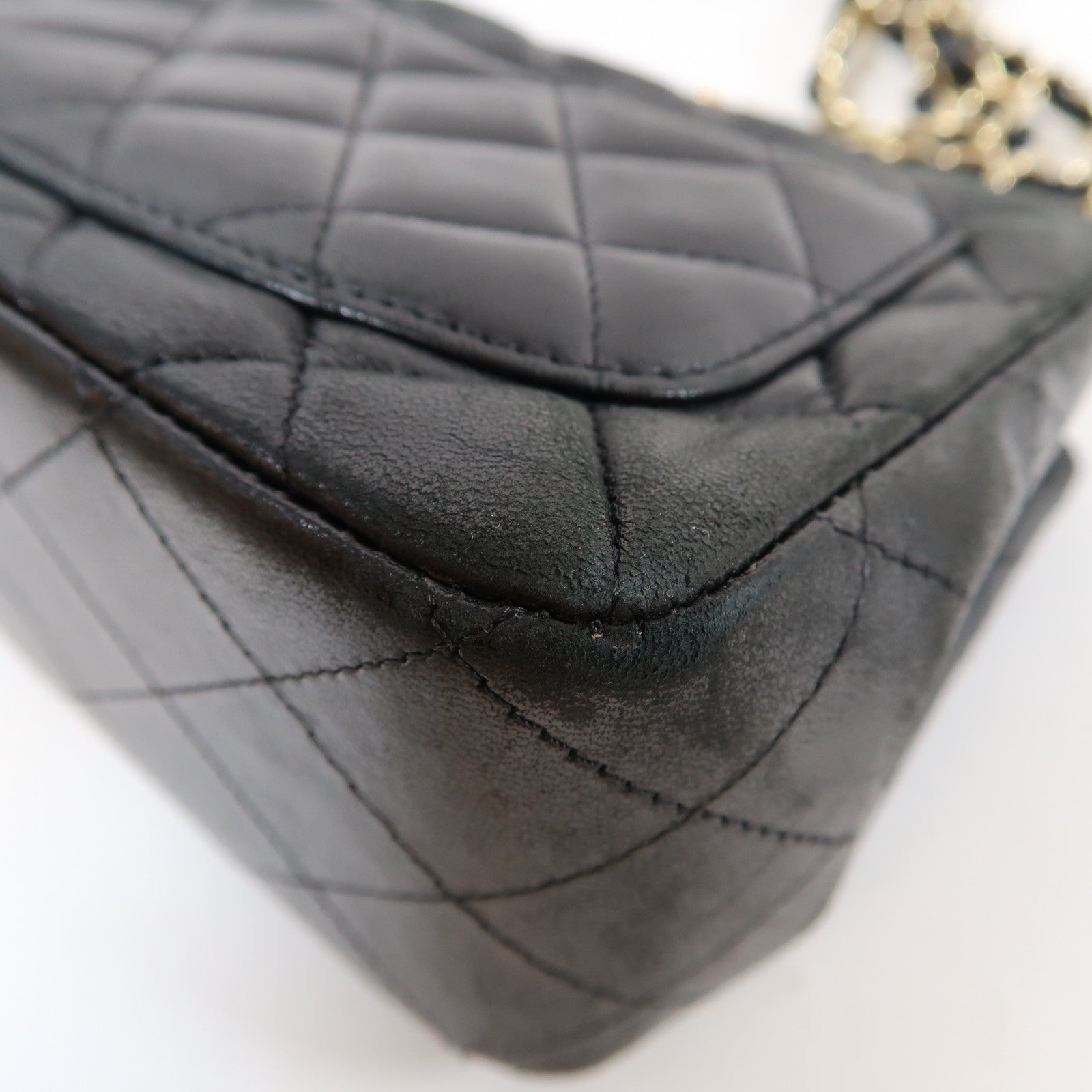 CHANEL 菱格羊皮皮革Chain Shoulder Bag金扣鏈帶肩背袋黑色