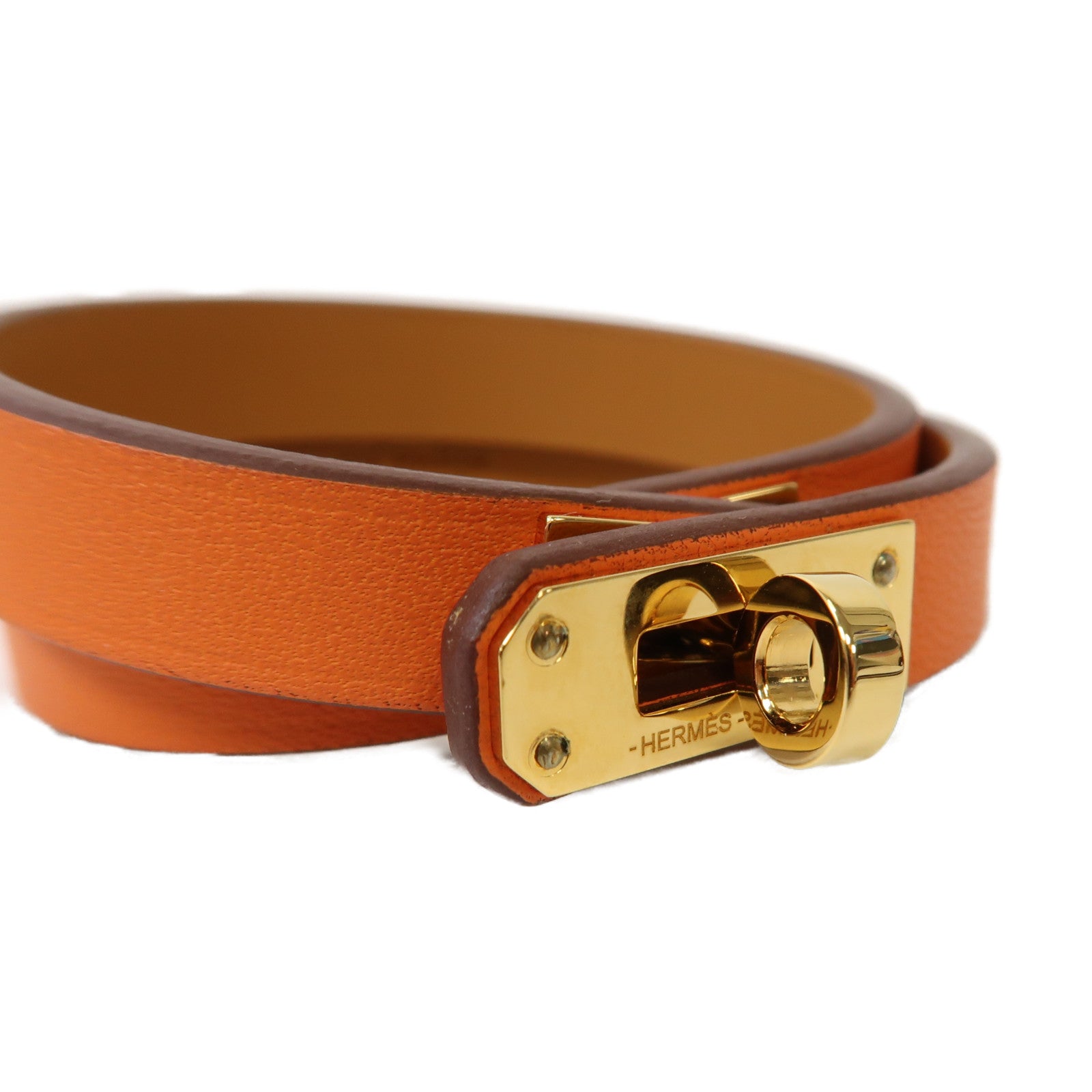 HERMES Swift皮革Mini Kelly Double Tour Bracelet金扣手鏈橙色