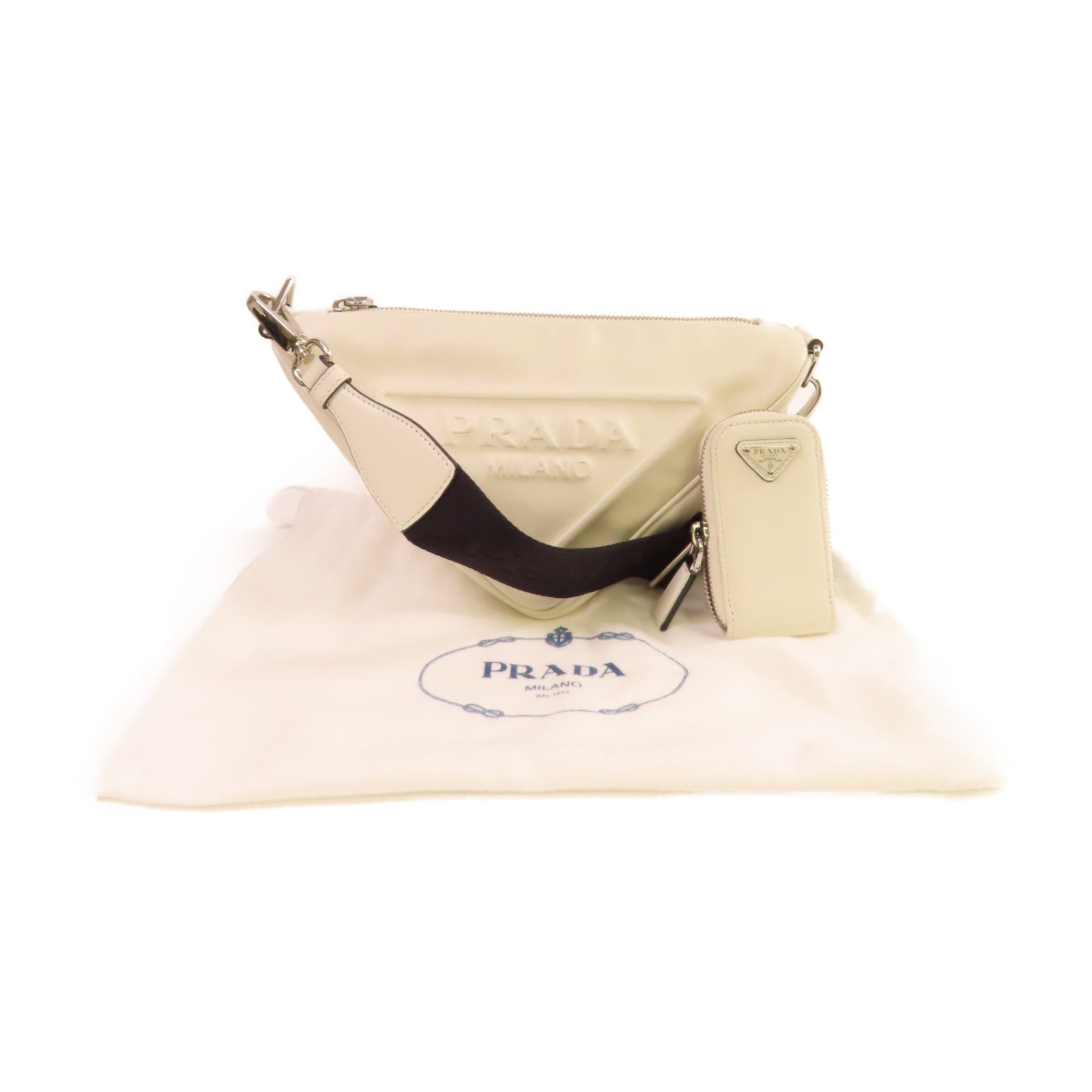 PRADA 牛皮皮革Triangle Shoulder Bag銀扣肩背袋白色