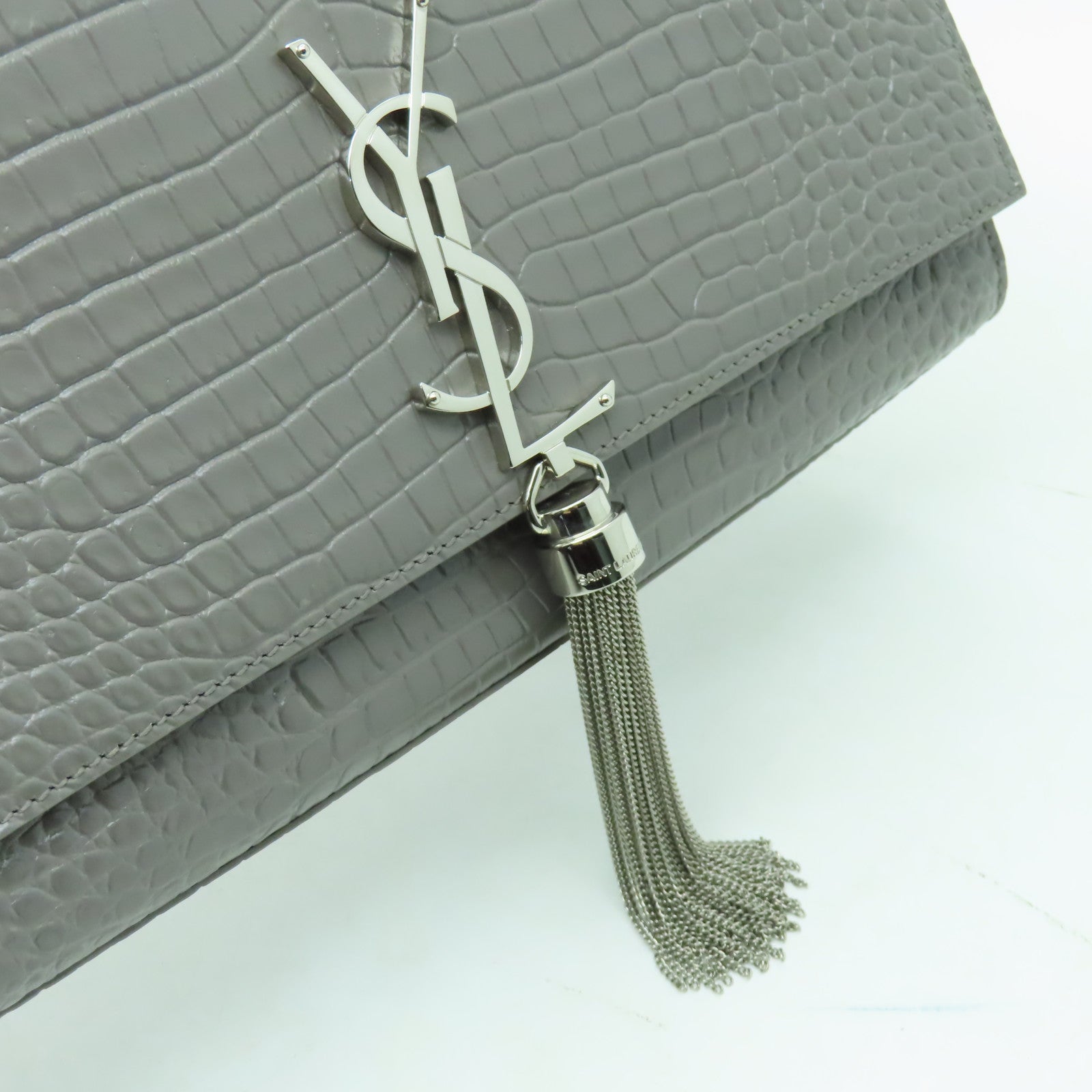 SAINT LAURENT 【激減優惠】牛皮皮革Medium Kate銀扣鏈帶肩背袋灰色