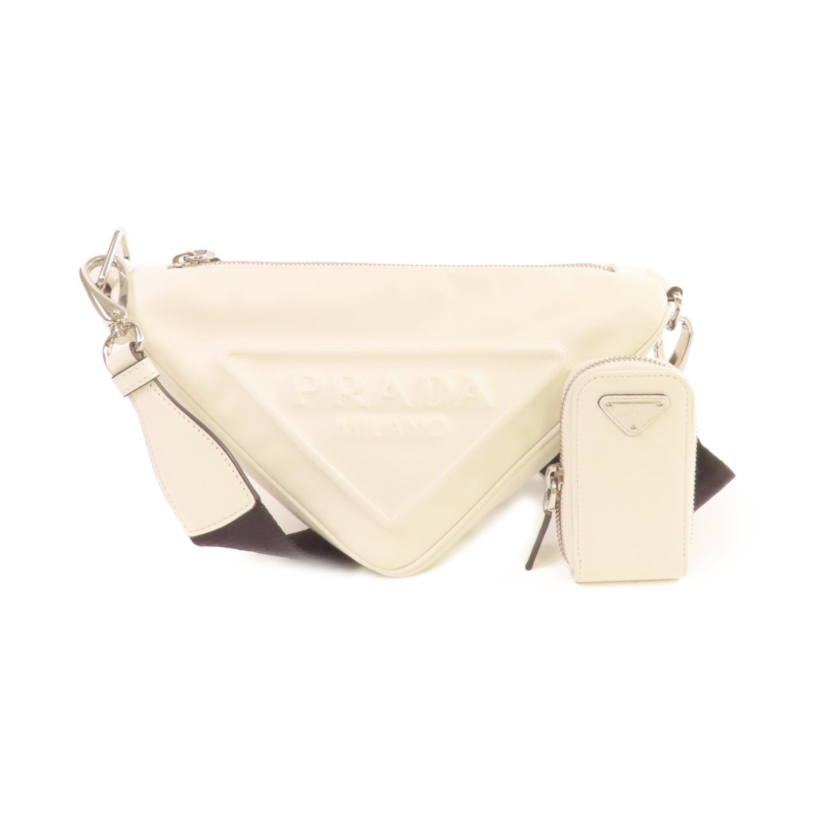 PRADA 牛皮皮革Triangle Shoulder Bag銀扣肩背袋白色