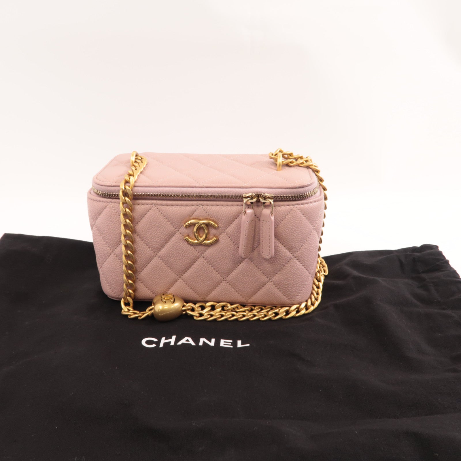 CHANEL 菱格牛皮皮革Vanity Case金扣鏈帶肩背袋粉紅色