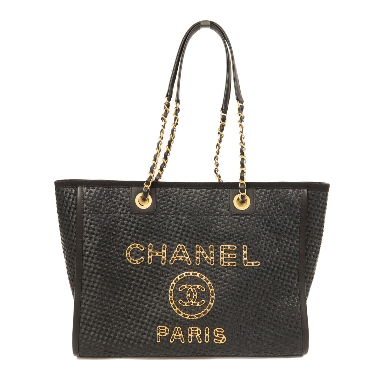 CHANEL Straw Deauville Tote金扣手挽肩背兩用袋黑色