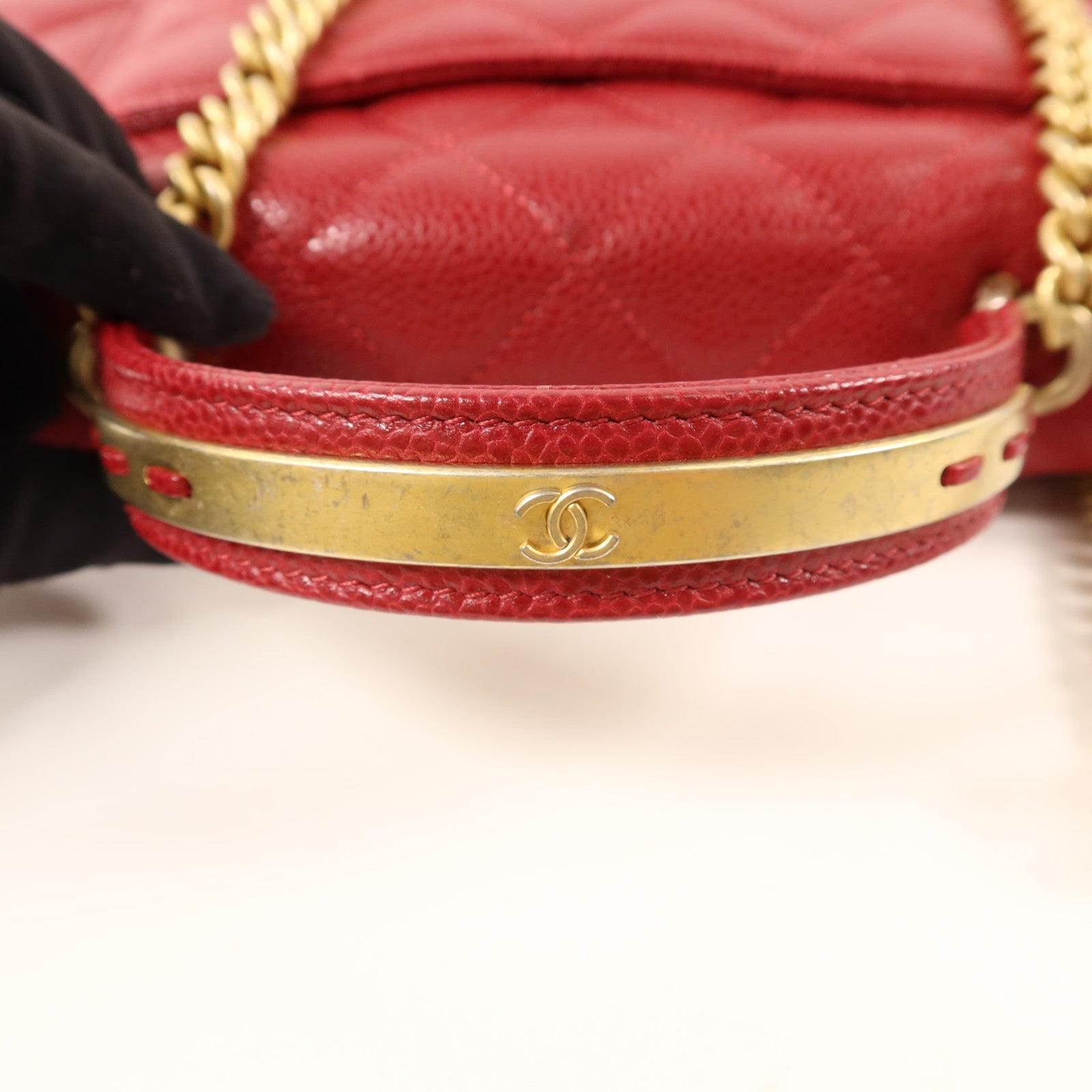 CHANEL 牛皮皮革Top Handle金扣鏈帶手挽肩背兩用袋