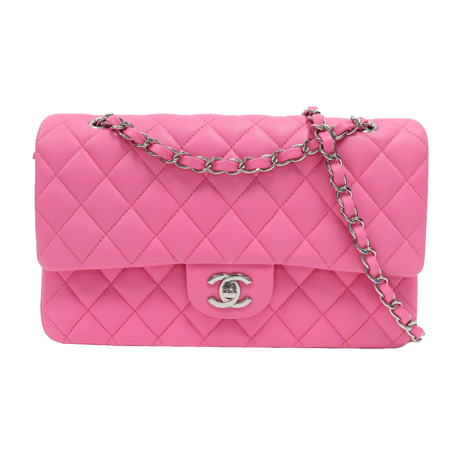 CHANEL 【激減優惠】菱格牛皮皮革Classic 25銀扣鏈帶肩背袋粉紅色