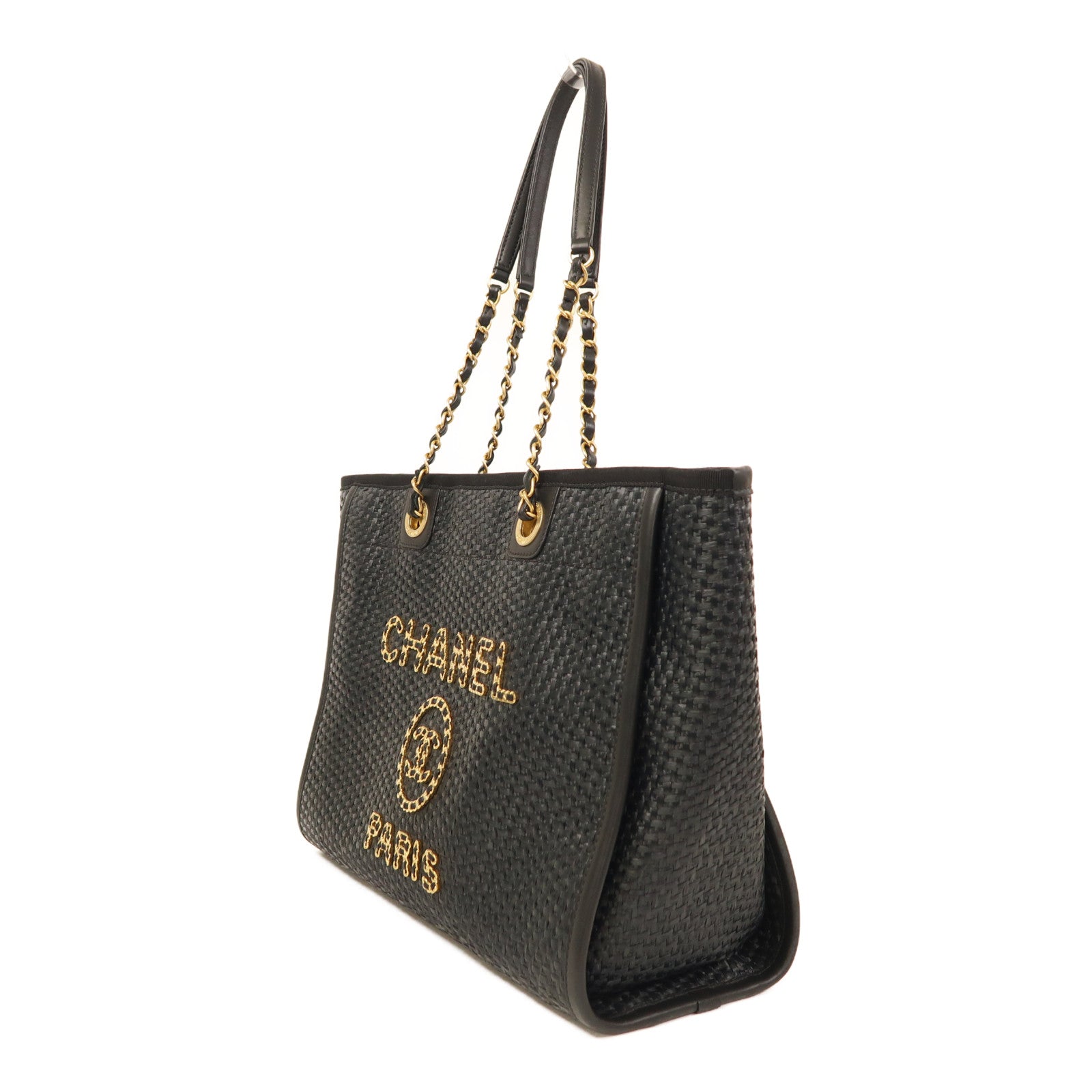 CHANEL Straw Deauville Tote金扣手挽肩背兩用袋黑色