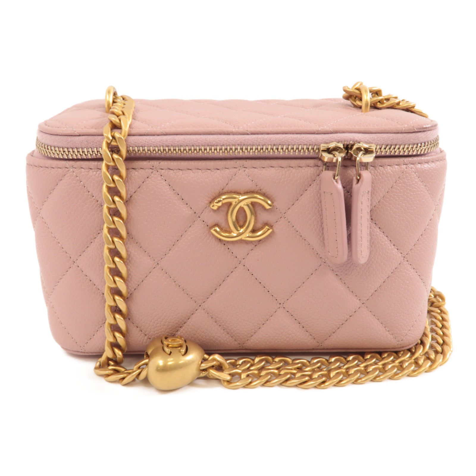 CHANEL 菱格牛皮皮革Vanity Case金扣鏈帶肩背袋粉紅色