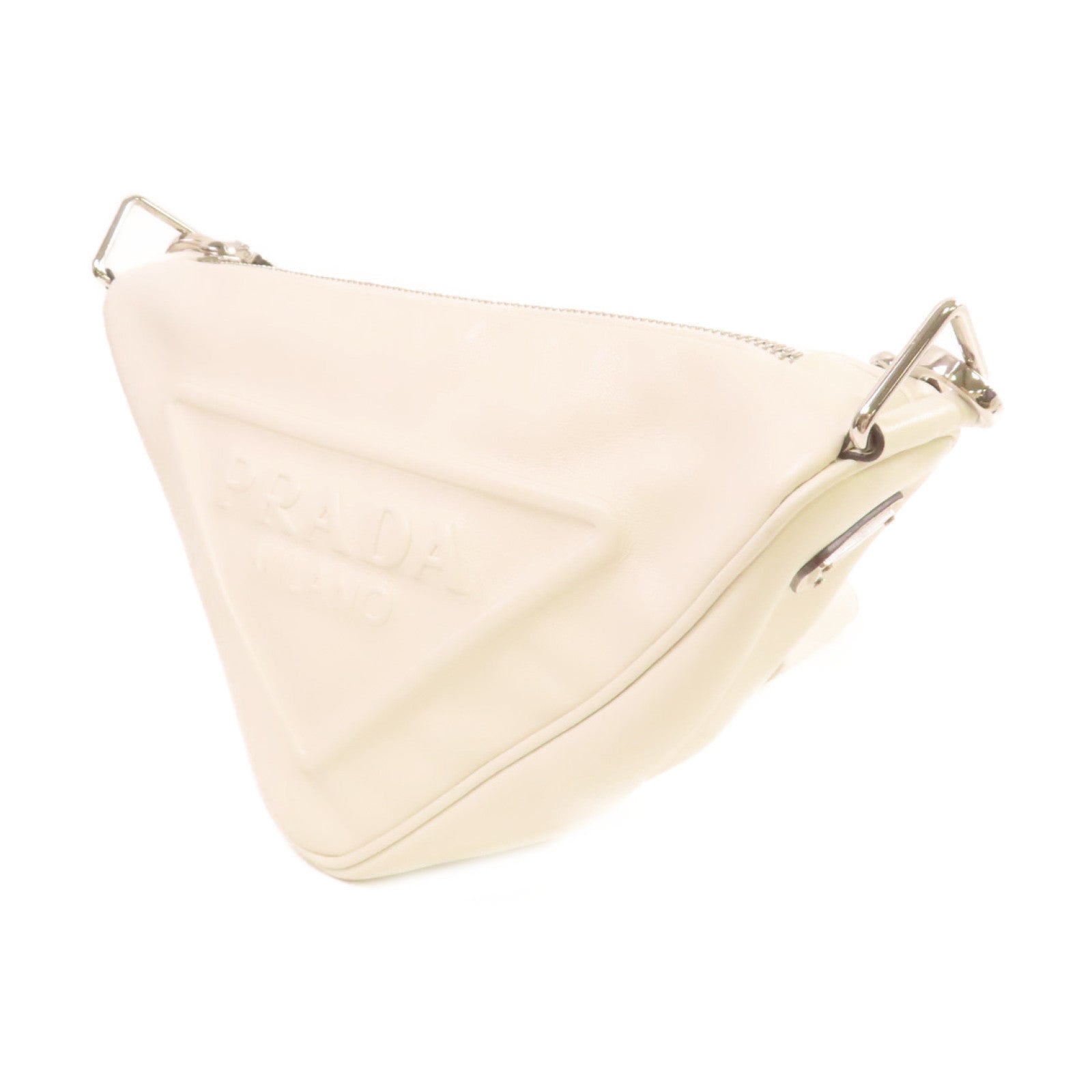 PRADA 牛皮皮革Triangle Shoulder Bag銀扣肩背袋白色
