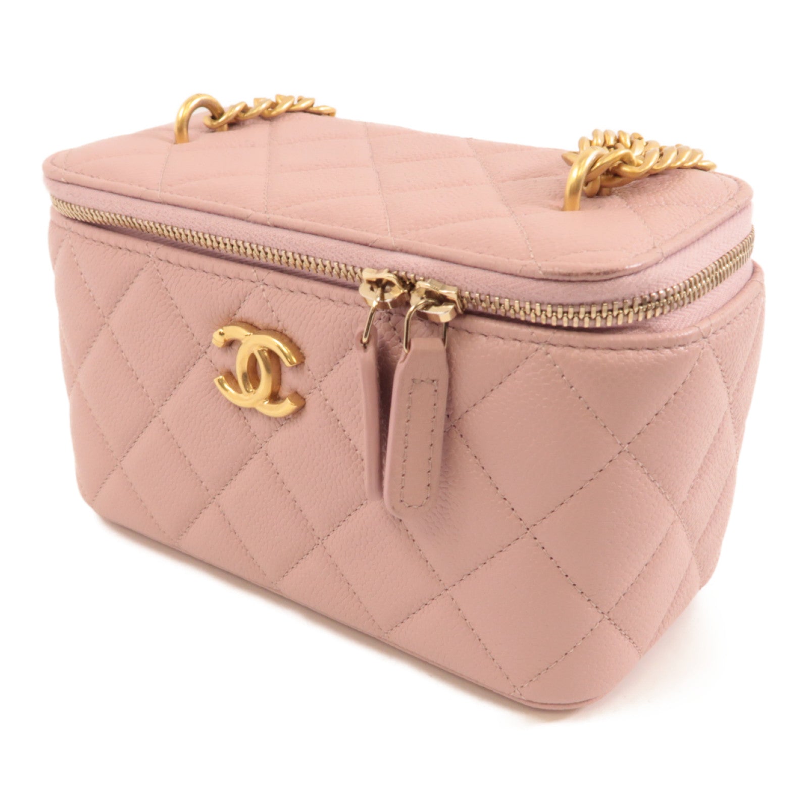 CHANEL 菱格牛皮皮革Vanity Case金扣鏈帶肩背袋粉紅色