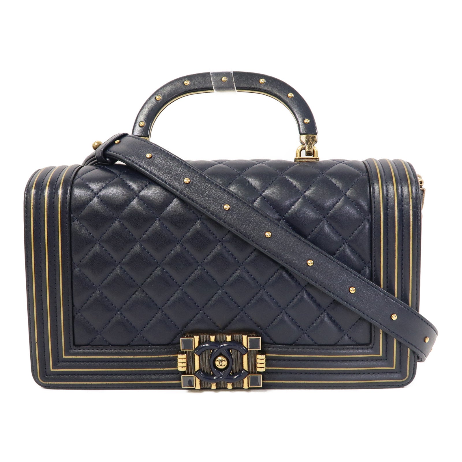 CHANEL 【激減優惠】菱格牛皮皮革Boy Studded Handle Flap金扣手挽肩背兩用袋深藍色