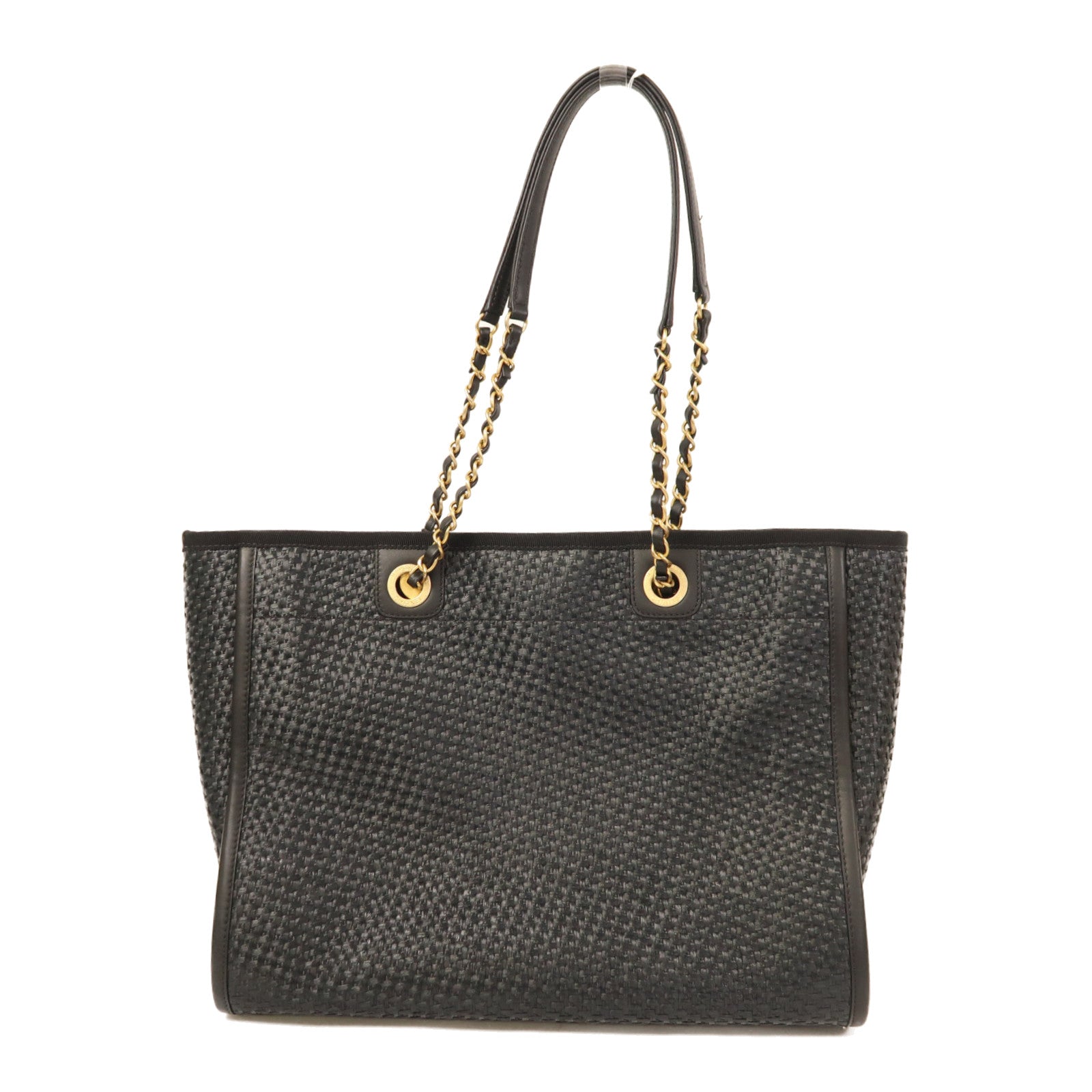 CHANEL Straw Deauville Tote金扣手挽肩背兩用袋黑色