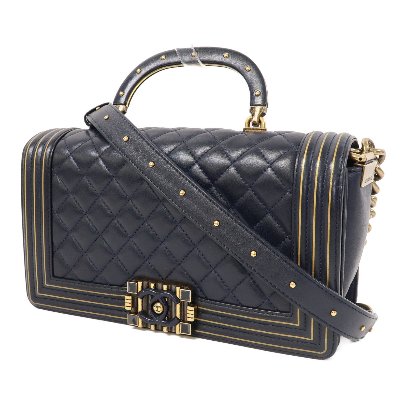 CHANEL 【激減優惠】菱格牛皮皮革Boy Studded Handle Flap金扣手挽肩背兩用袋深藍色