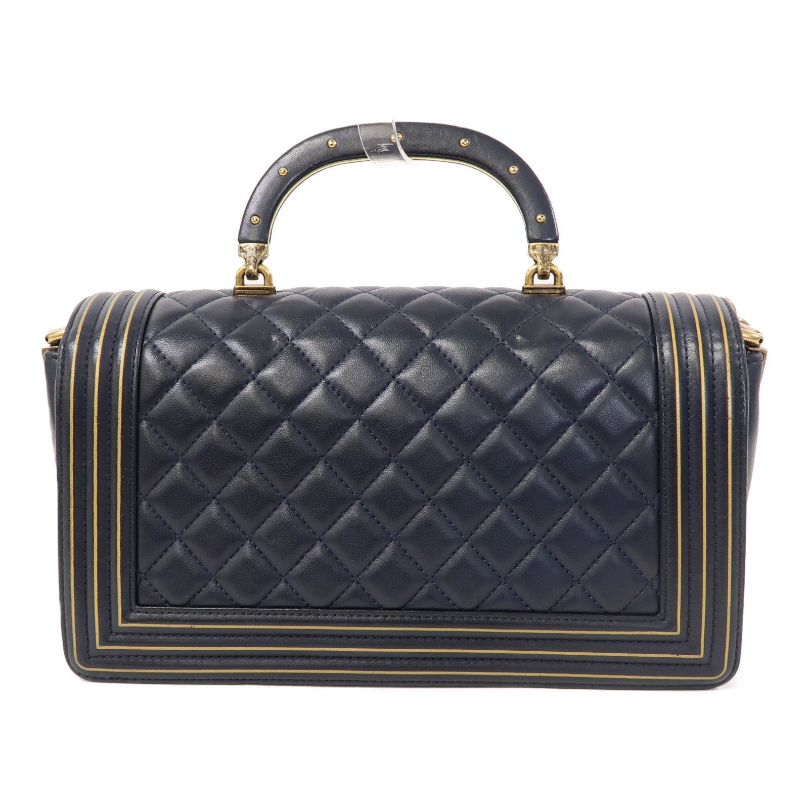 CHANEL 【激減優惠】菱格牛皮皮革Boy Studded Handle Flap金扣手挽肩背兩用袋深藍色