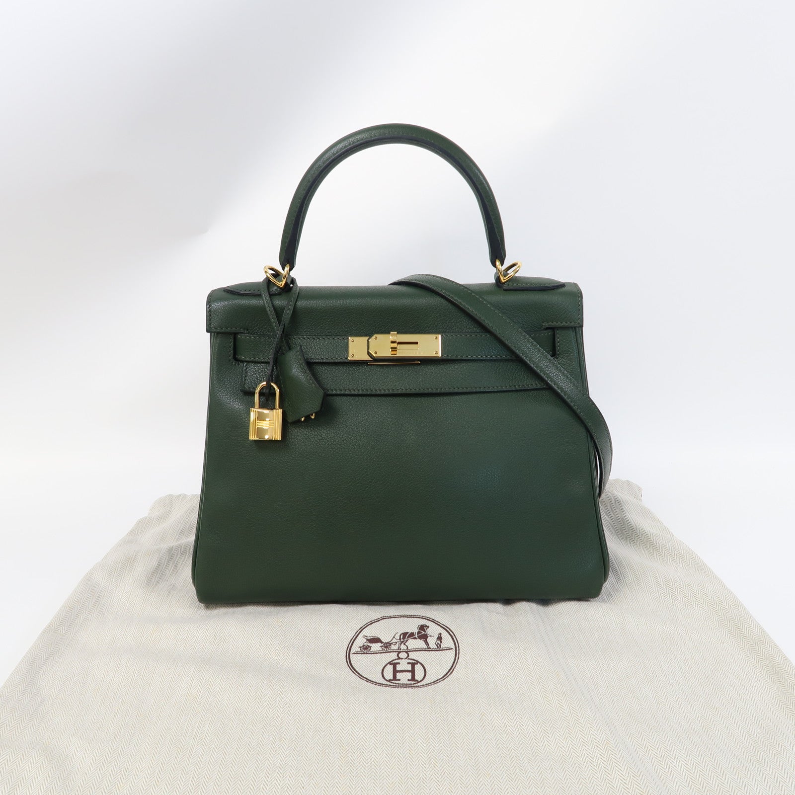 HERMES Evercolor皮革Kelly 28金扣手挽肩背兩用袋2Q Vert Anglais英國軍綠色