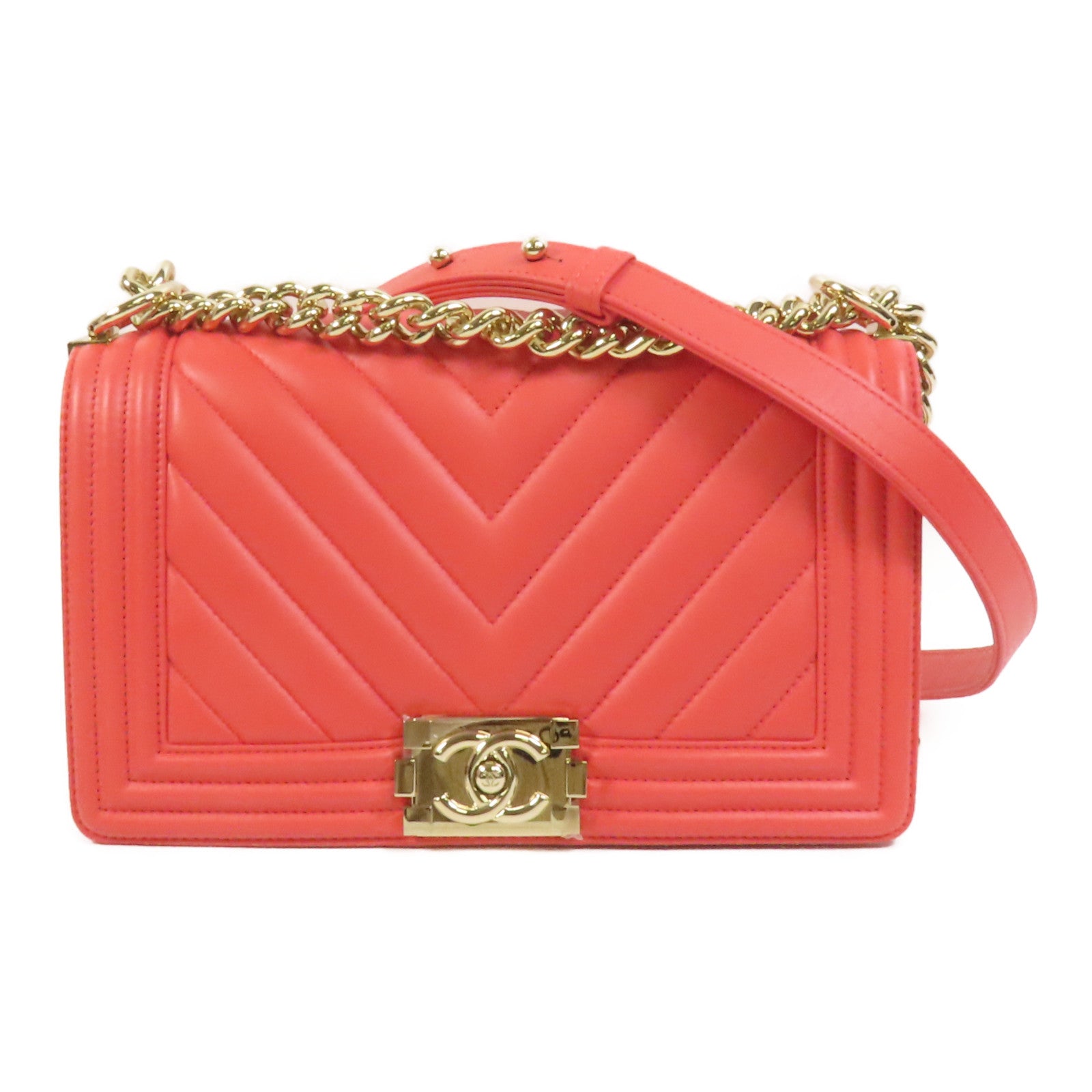 CHANEL 羊皮皮革Boy 25金扣鏈帶肩背袋