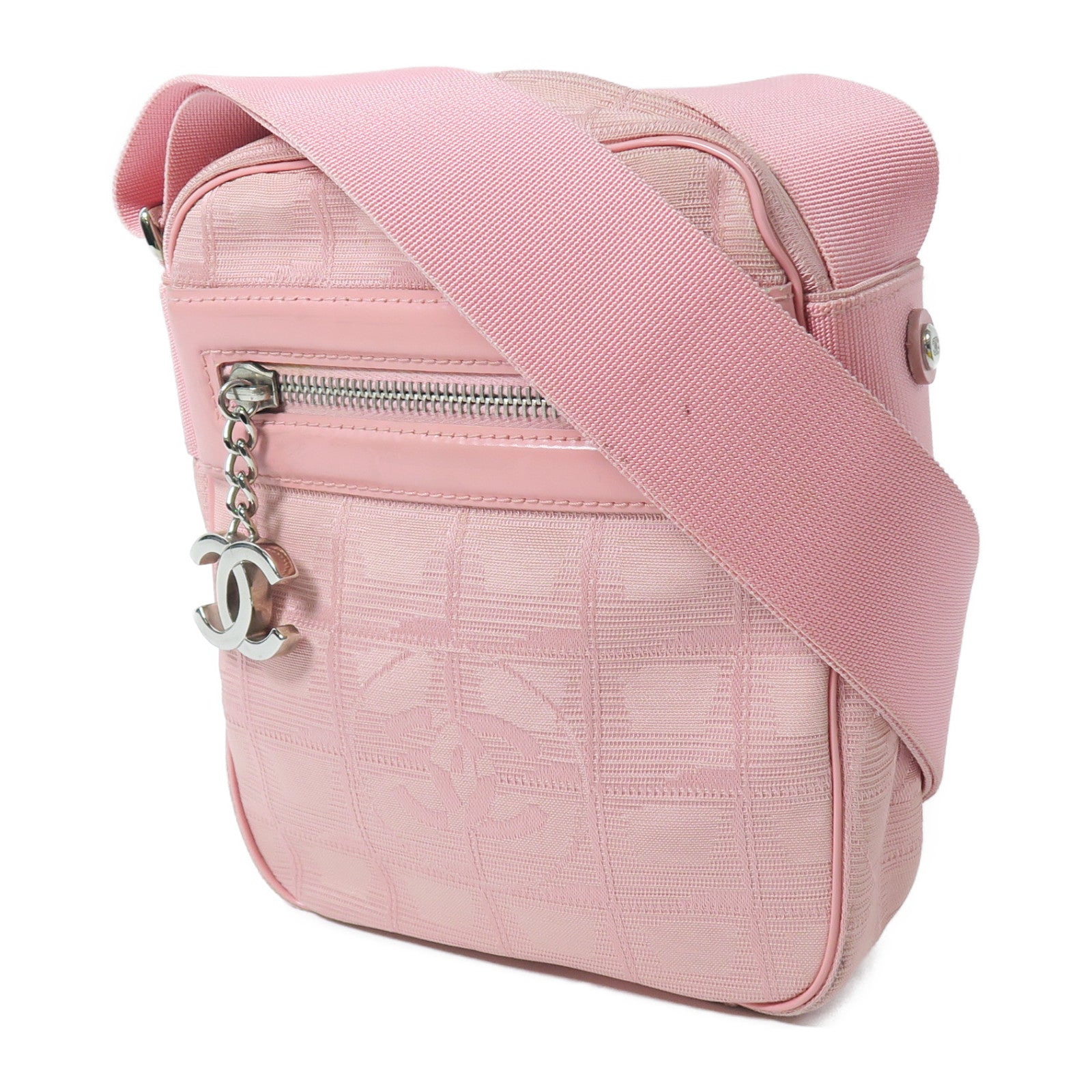 CHANEL 【激減優惠】帆布New Travel Line Pochette Shoulder Bag銀扣肩背袋粉紅色