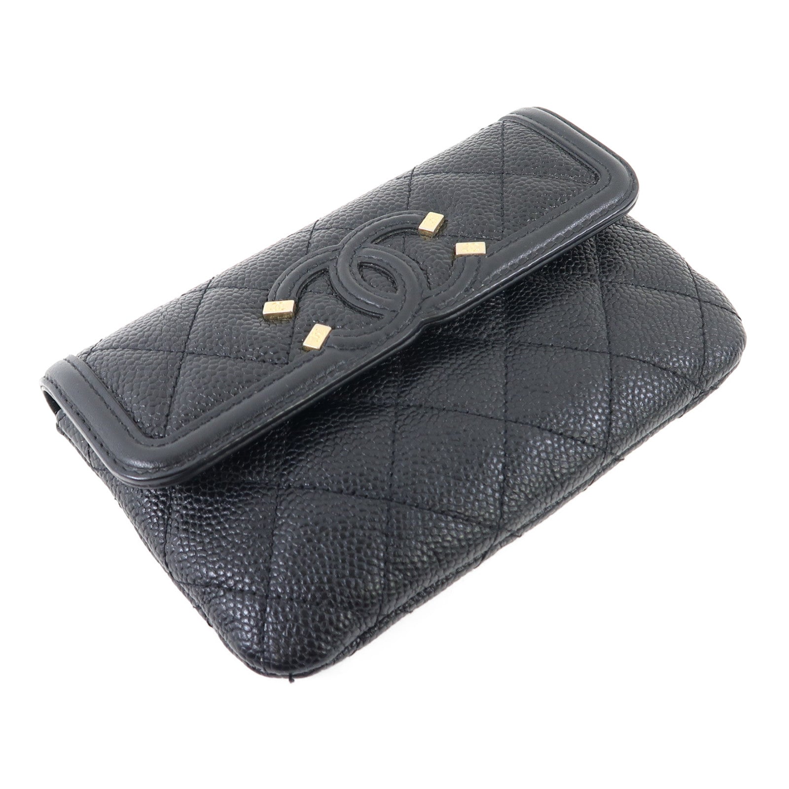 CHANEL 菱格牛皮皮革Pouch金扣手拿包黑色