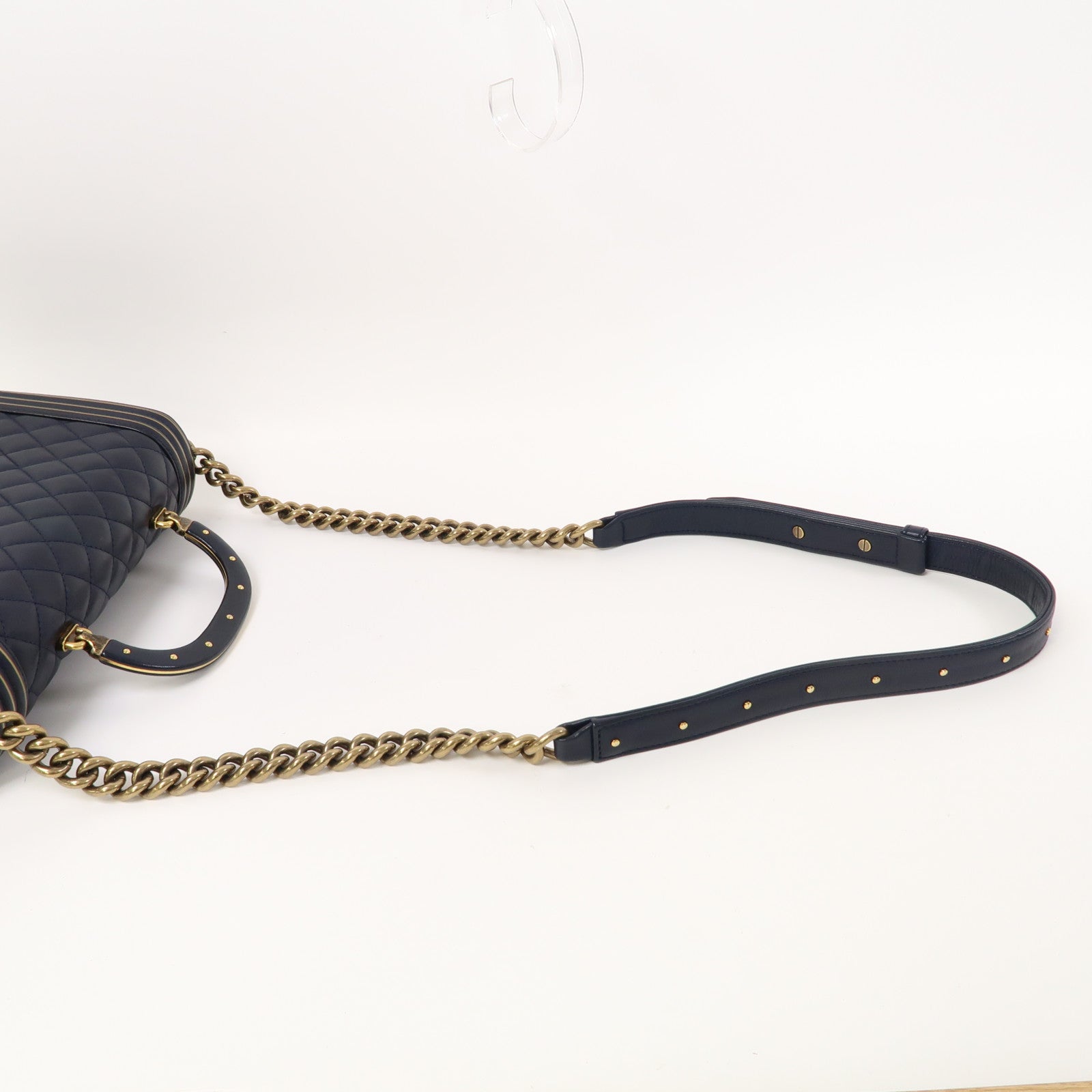 CHANEL 【激減優惠】菱格牛皮皮革Boy Studded Handle Flap金扣手挽肩背兩用袋深藍色
