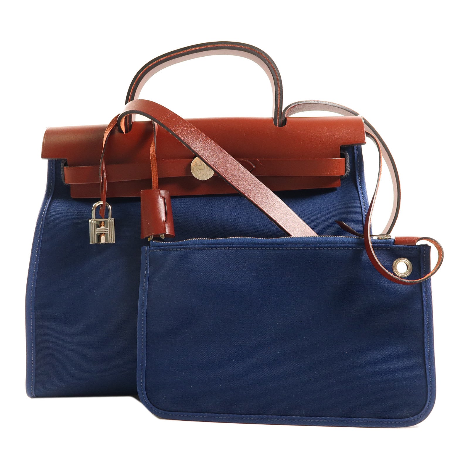 HERMES 帆布/皮革Herbag PM銀扣手挽肩背兩用袋Bleu Agate深藍色/Rouge H紅色