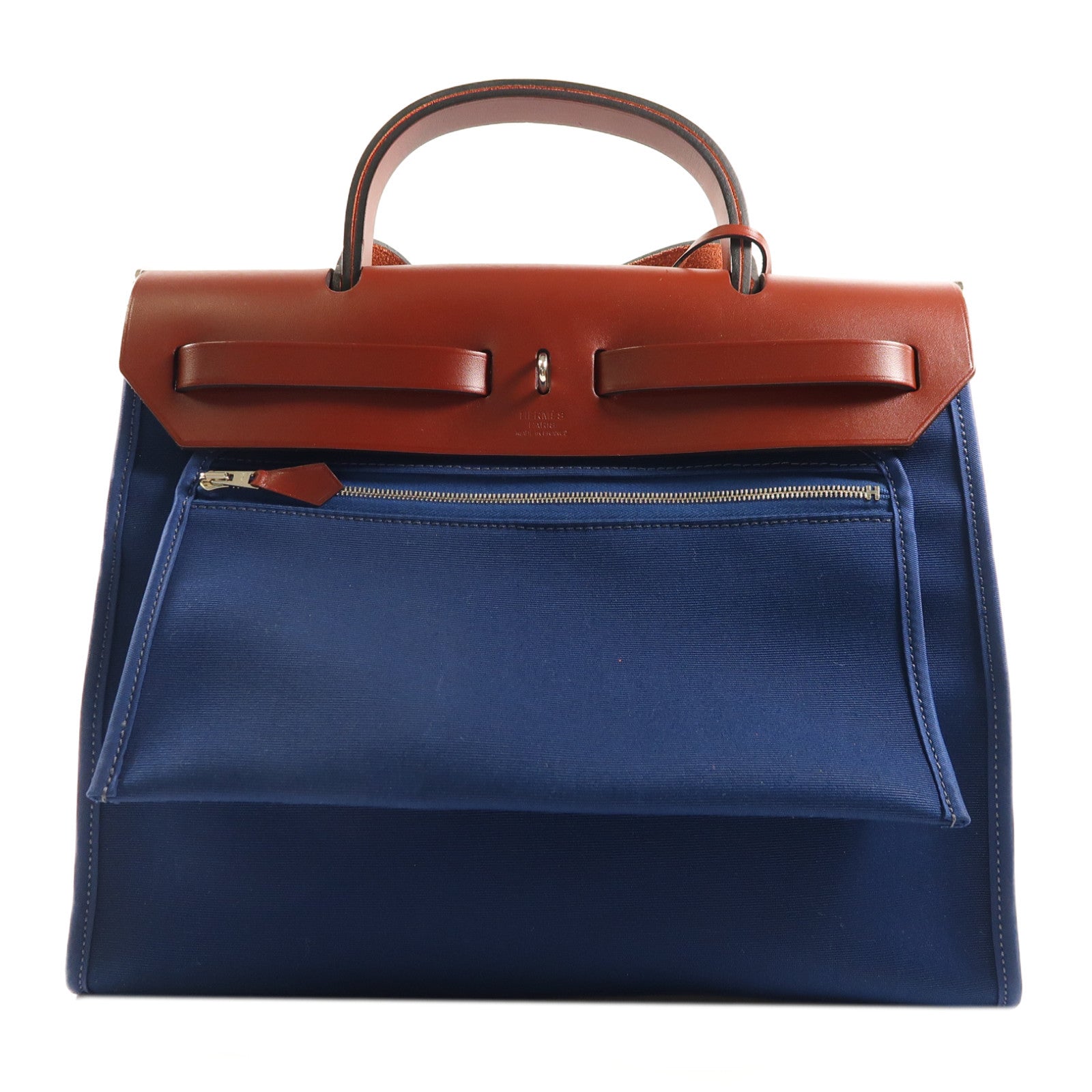 HERMES 帆布/皮革Herbag PM銀扣手挽肩背兩用袋Bleu Agate深藍色/Rouge H紅色