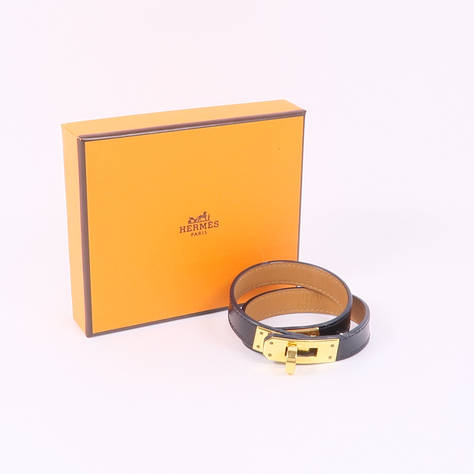 HERMES GHW Kelly Double Tour Bracelet Handpiece Bracelet  Box Leather Black