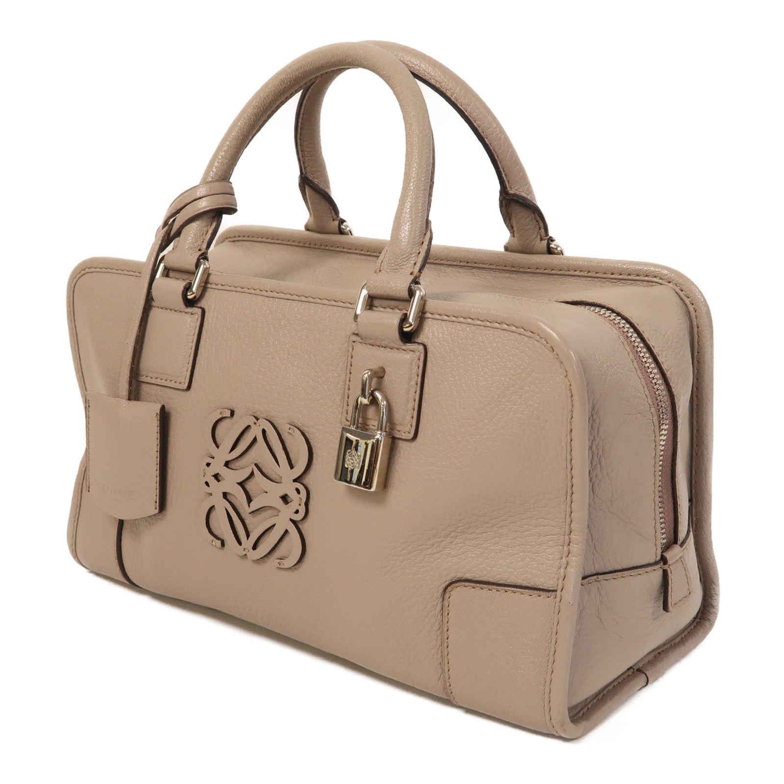 LOEWE 牛皮皮革Amazona銀扣手挽袋杏色