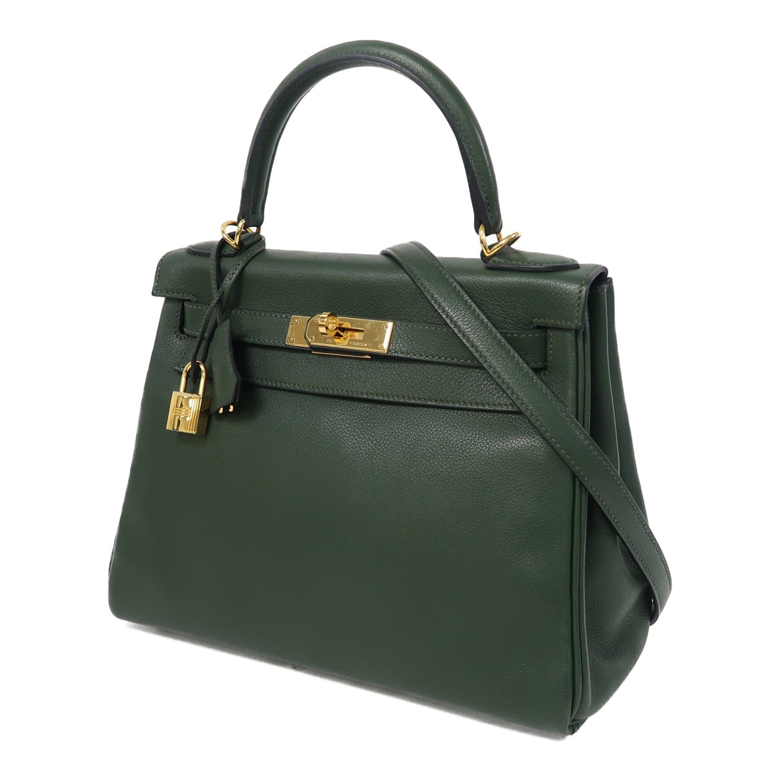 HERMES Evercolor皮革Kelly 28金扣手挽肩背兩用袋2Q Vert Anglais英國軍綠色