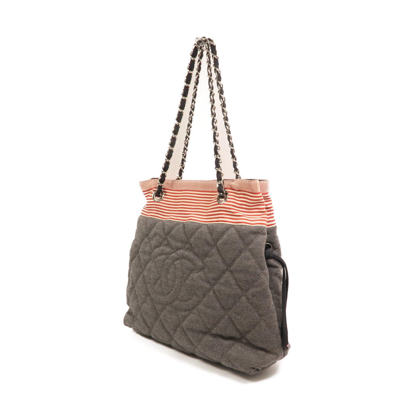 CHANEL 牛仔布/帆布Totebag銀扣鏈帶肩背袋