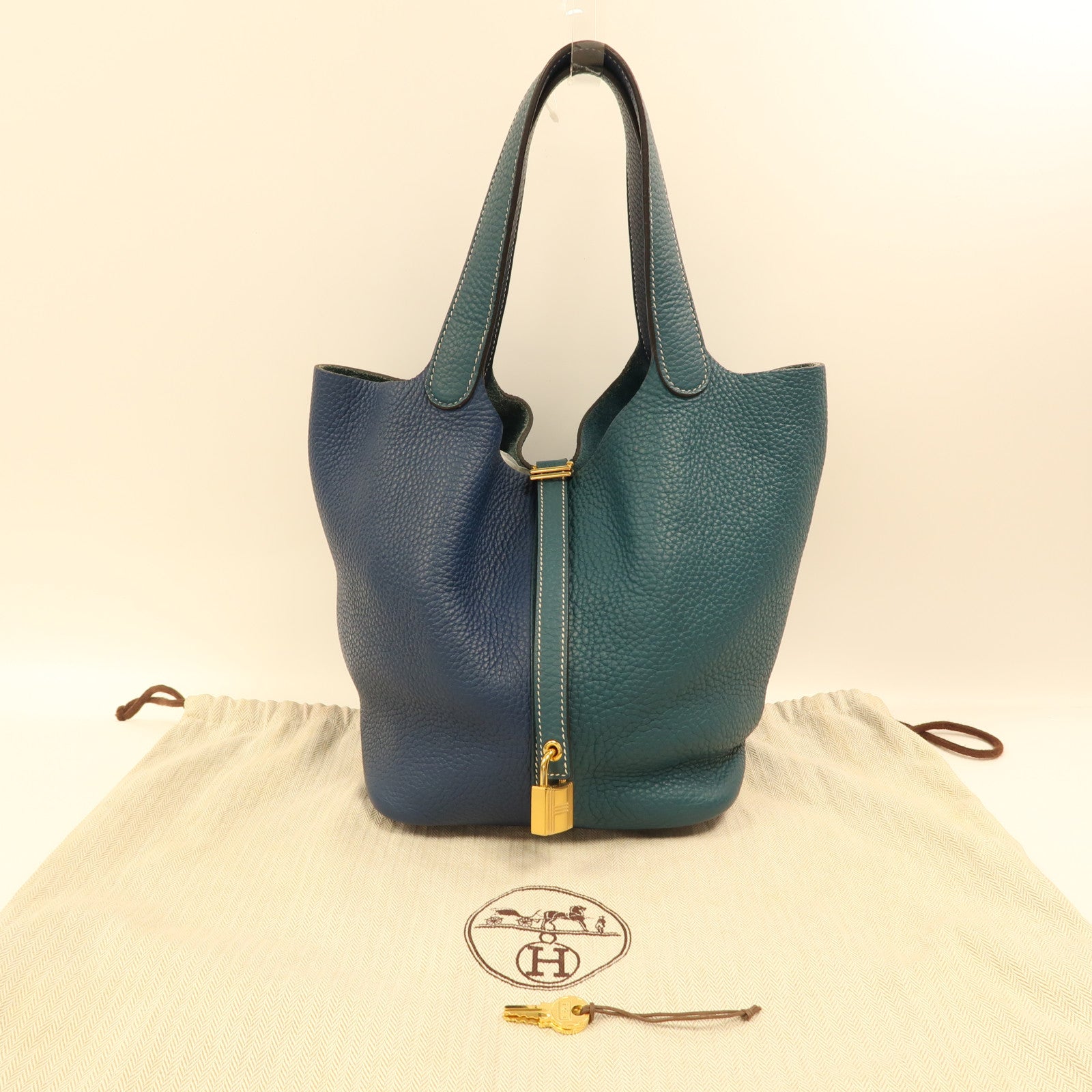 HERMES Clemence皮革Picotin MM金扣手挽袋S4 Deep Blue深邃藍/W0 Vert Bosphore博斯普魯斯綠