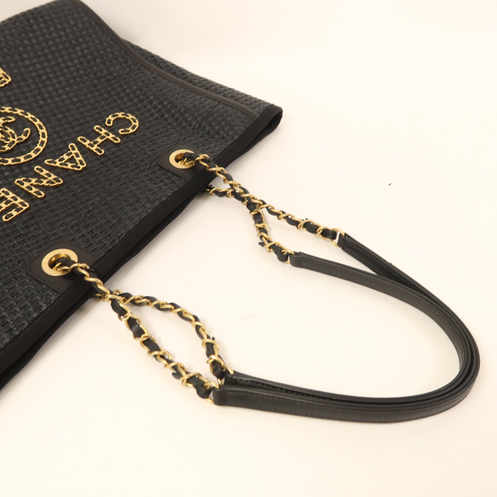 CHANEL Straw Deauville Tote金扣手挽肩背兩用袋黑色