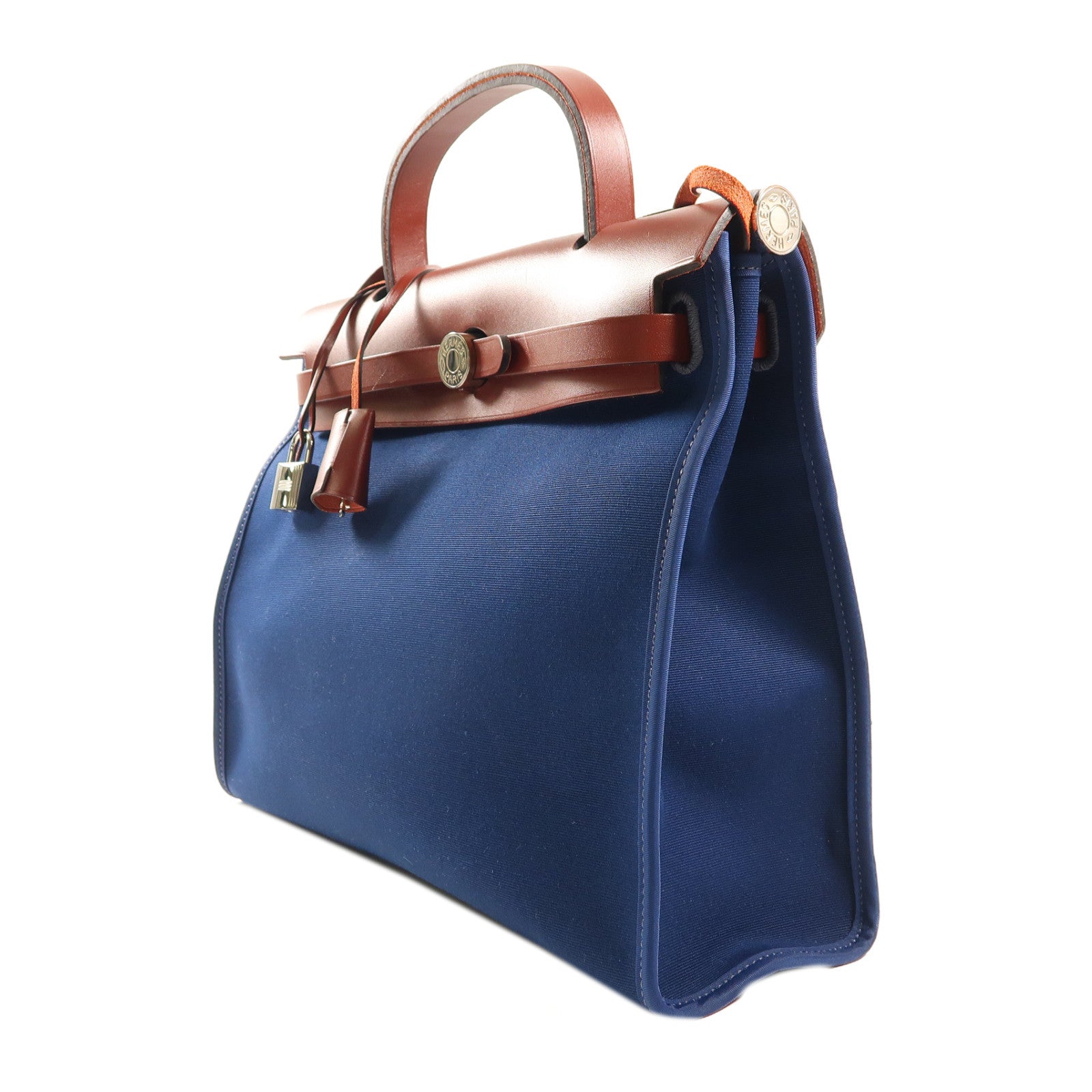 HERMES 帆布/皮革Herbag PM銀扣手挽肩背兩用袋Bleu Agate深藍色/Rouge H紅色
