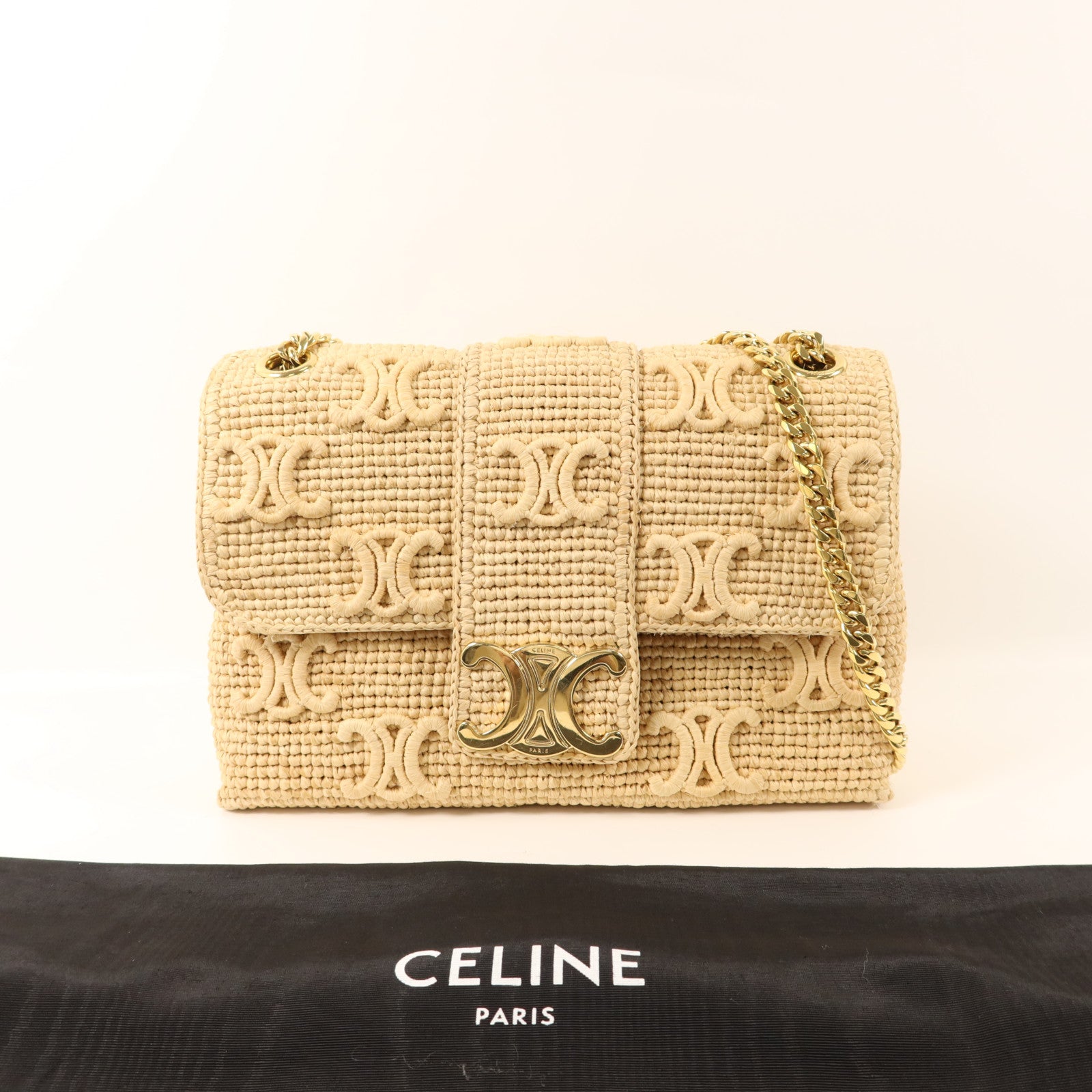 CELINE Raffia Victoire Bag金扣鏈帶肩背袋