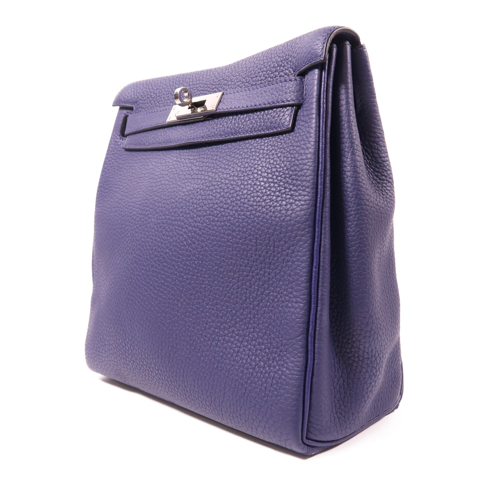 HERMES Clemence皮革Kelly Ado銀扣背包Bleu Saphir