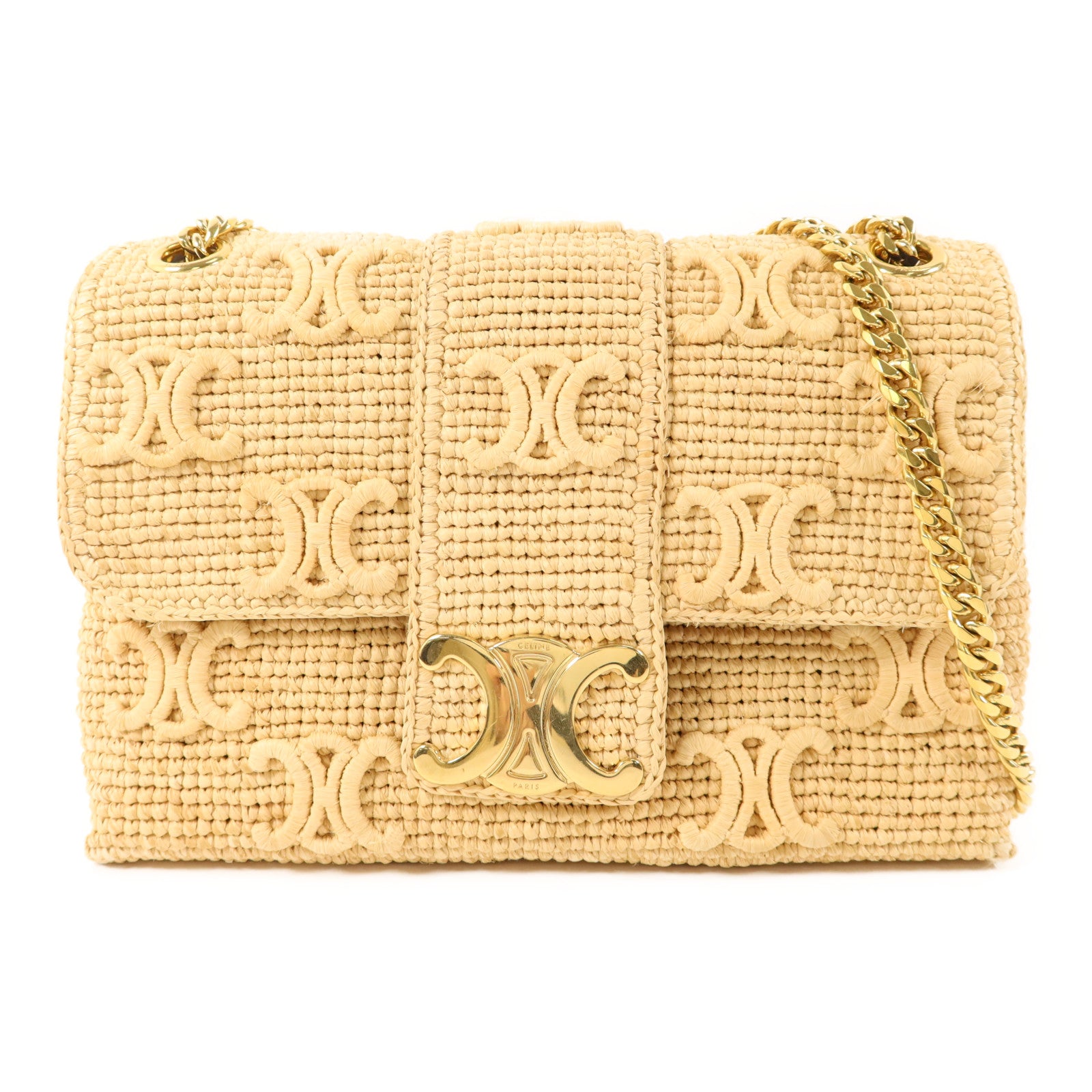 CELINE Raffia Victoire Bag金扣鏈帶肩背袋