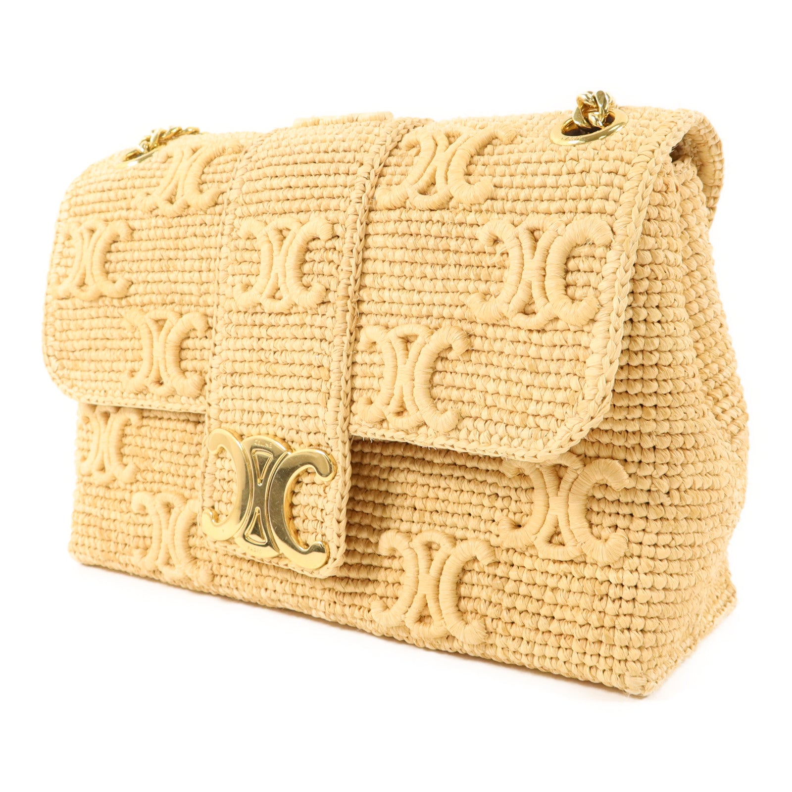 CELINE Raffia Victoire Bag金扣鏈帶肩背袋