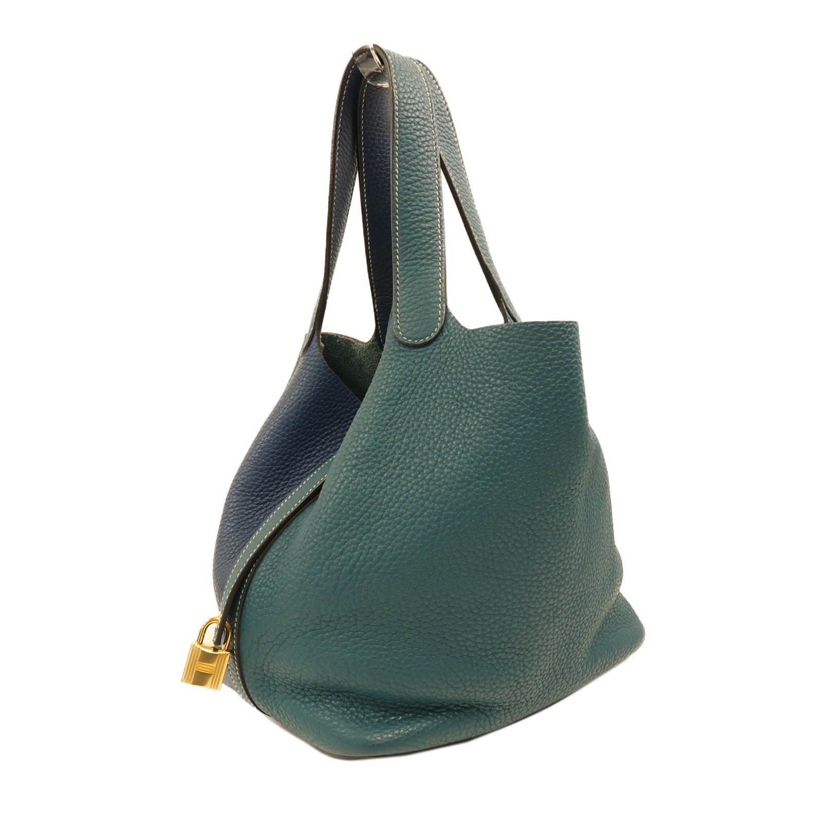 HERMES Clemence皮革Picotin MM金扣手挽袋S4 Deep Blue深邃藍/W0 Vert Bosphore博斯普魯斯綠