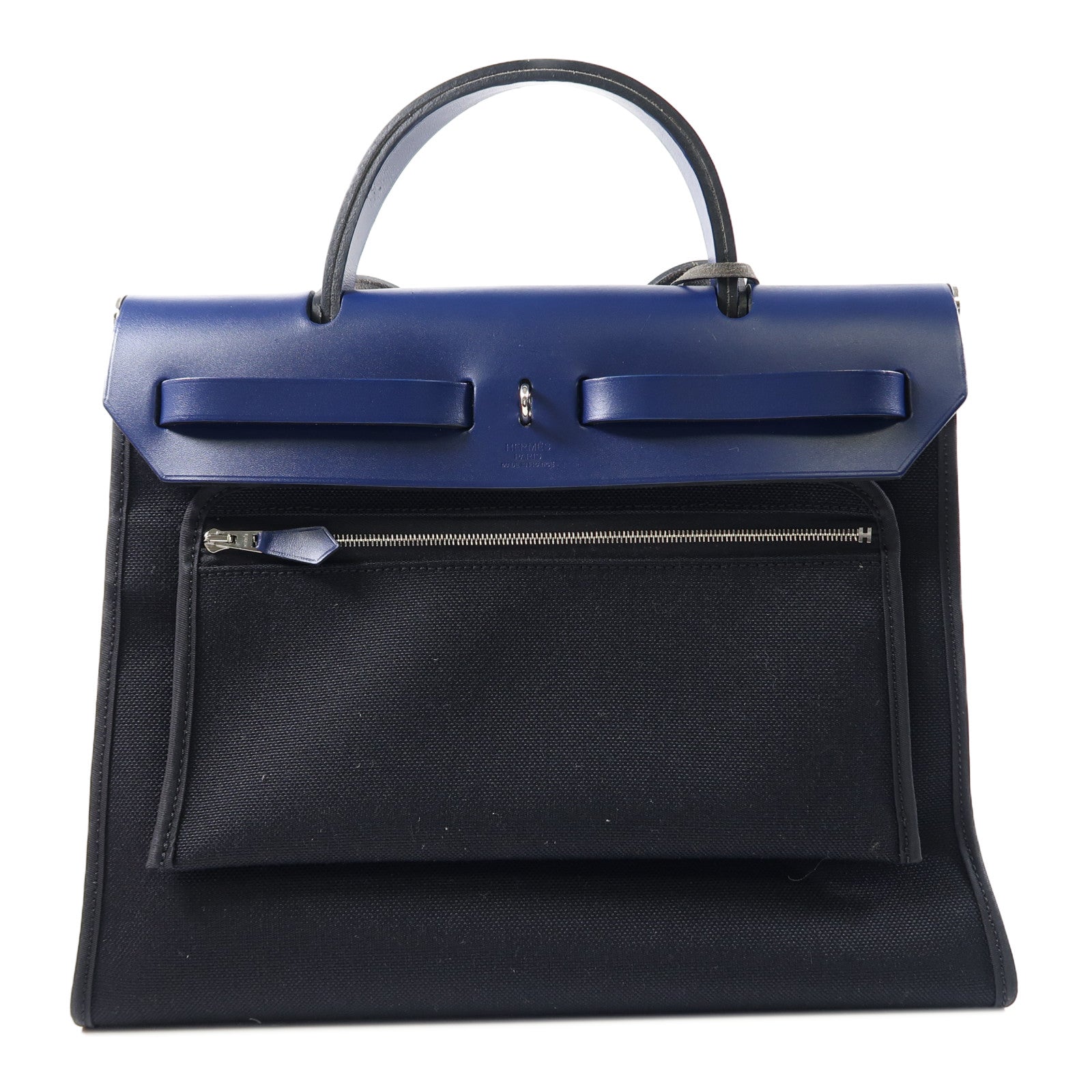 HERMES 帆布Herbag PM銀扣手挽肩背兩用袋黑色/藍色