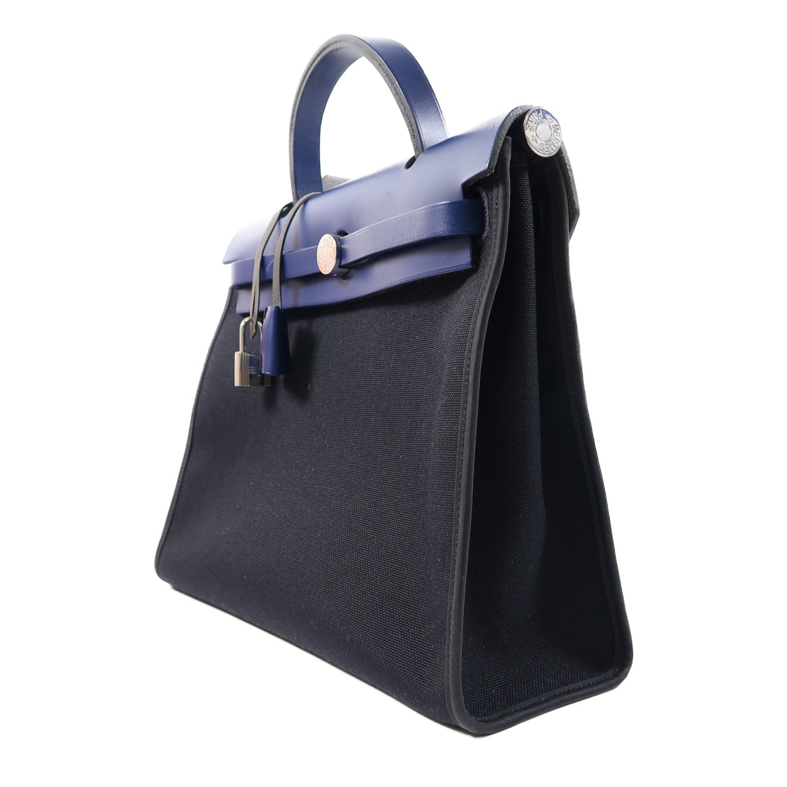 HERMES 帆布Herbag PM銀扣手挽肩背兩用袋黑色/藍色