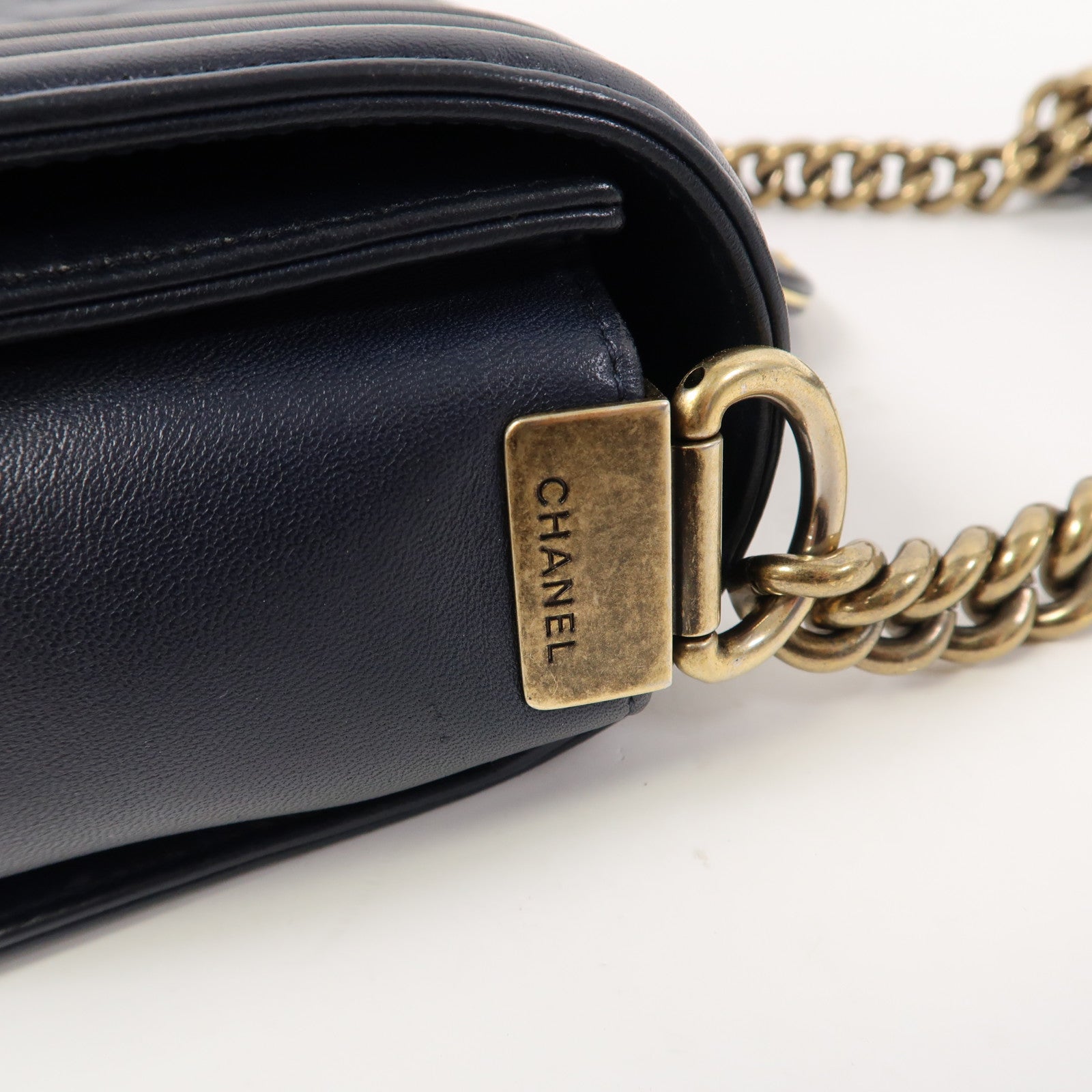 CHANEL 【激減優惠】菱格牛皮皮革Boy Studded Handle Flap金扣手挽肩背兩用袋深藍色