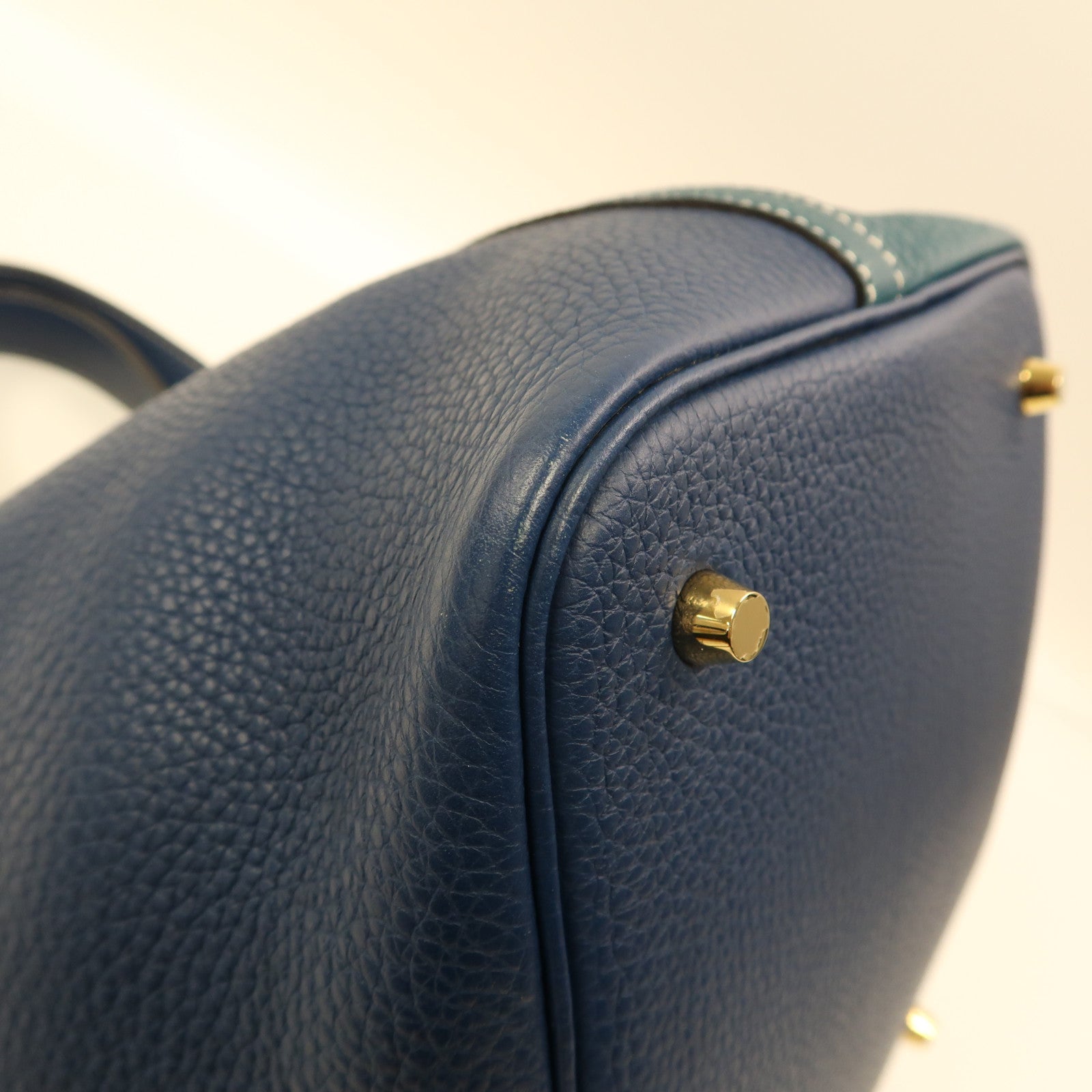 HERMES Clemence皮革Picotin MM金扣手挽袋S4 Deep Blue深邃藍/W0 Vert Bosphore博斯普魯斯綠