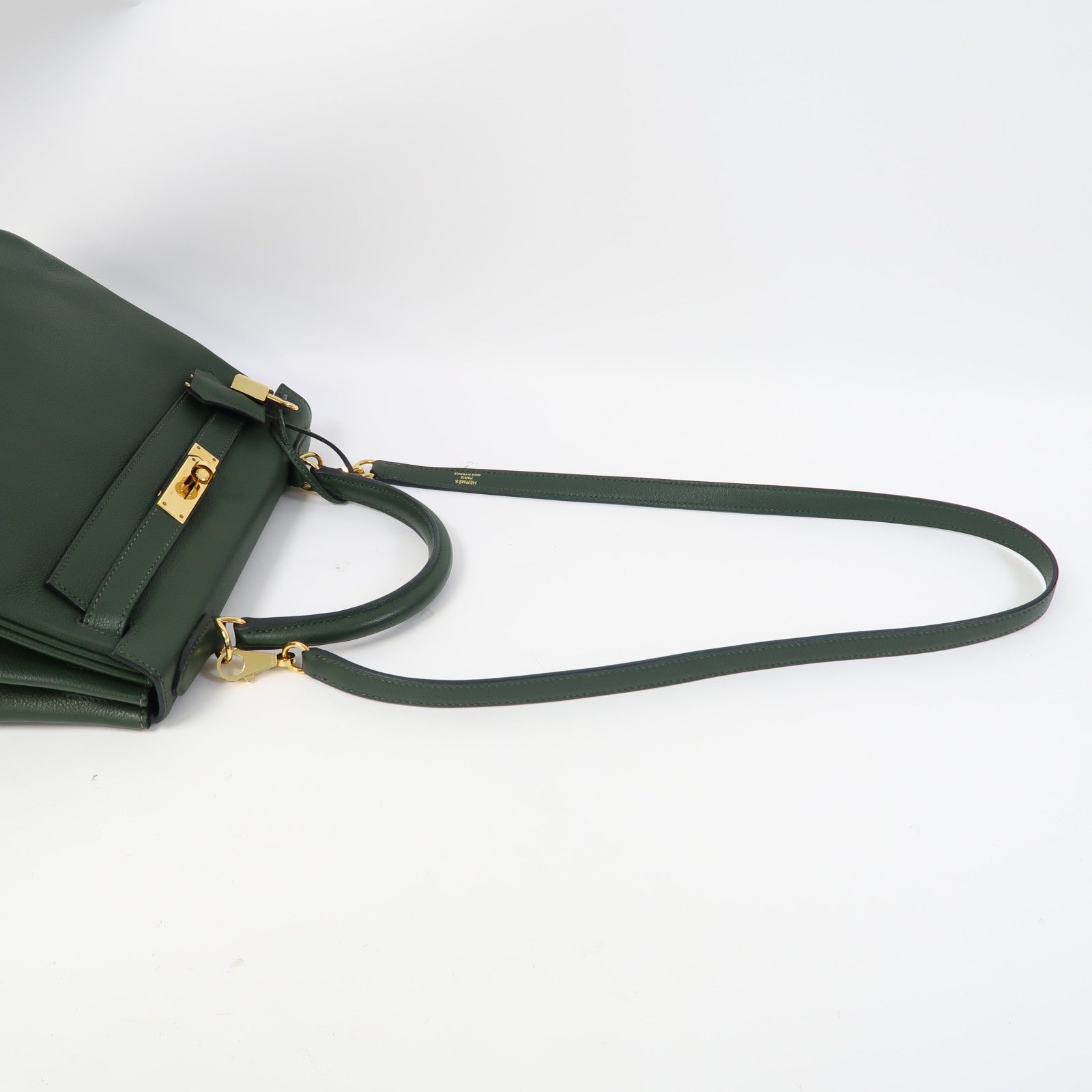 HERMES Evercolor皮革Kelly 28金扣手挽肩背兩用袋2Q Vert Anglais英國軍綠色