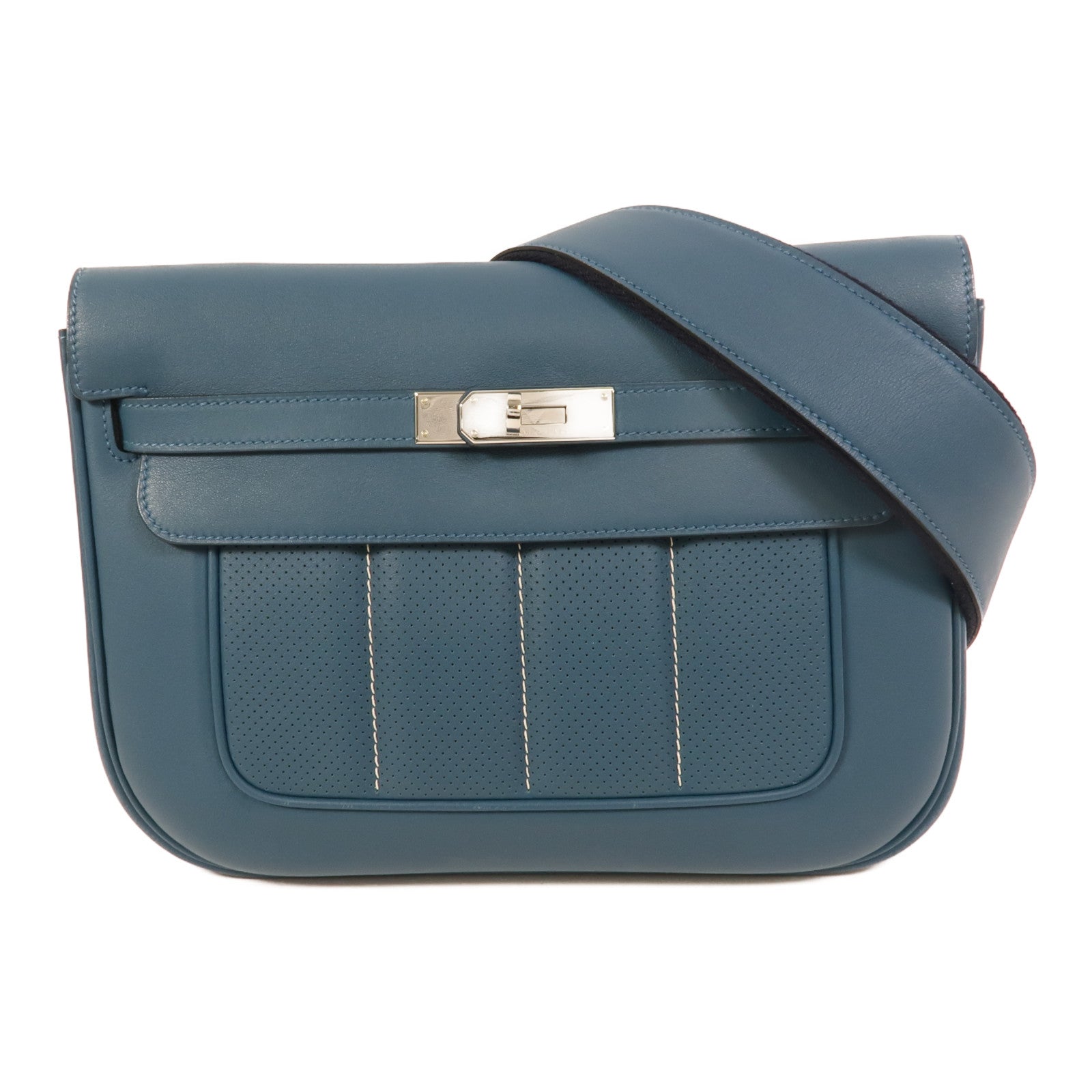 HERMES Swift皮革Berline 28銀扣肩背袋Bleu Colvert