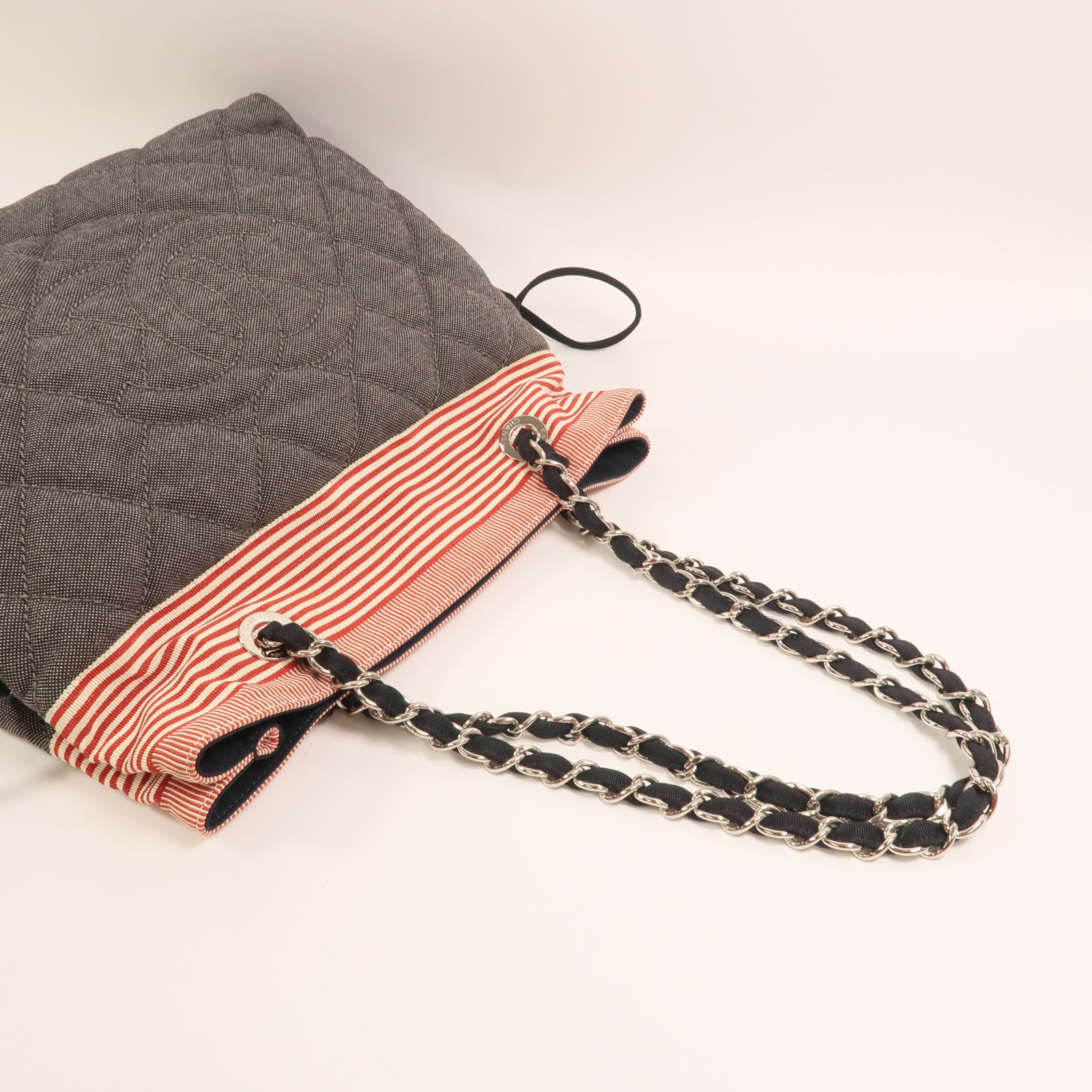 CHANEL 牛仔布/帆布Totebag銀扣鏈帶肩背袋
