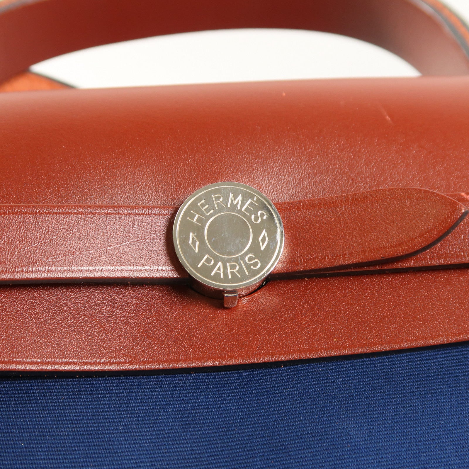 HERMES 帆布/皮革Herbag PM銀扣手挽肩背兩用袋Bleu Agate深藍色/Rouge H紅色