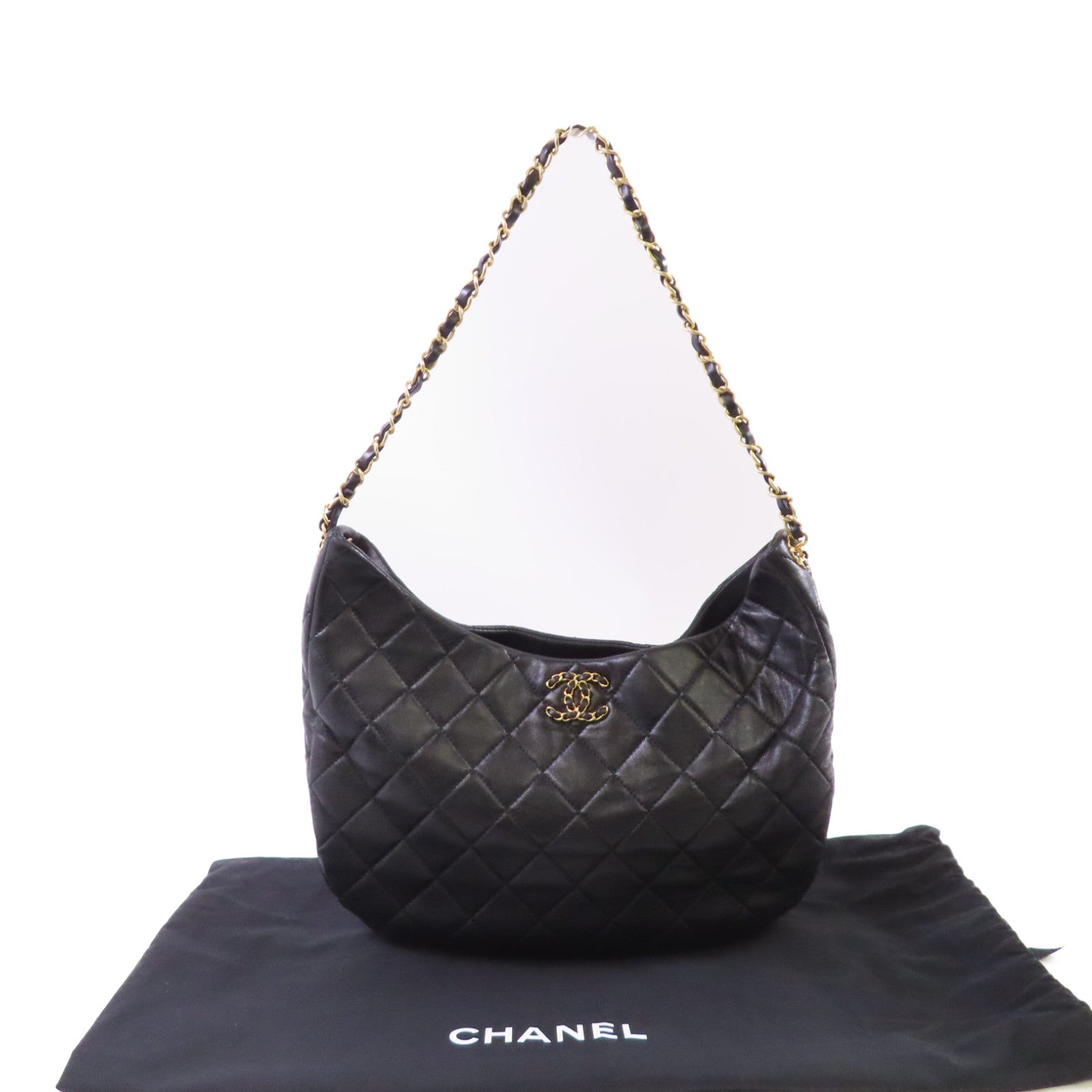 CHANEL 【激減優惠】菱格羊皮皮革Hobo Shoulder Bag金扣肩背袋黑色