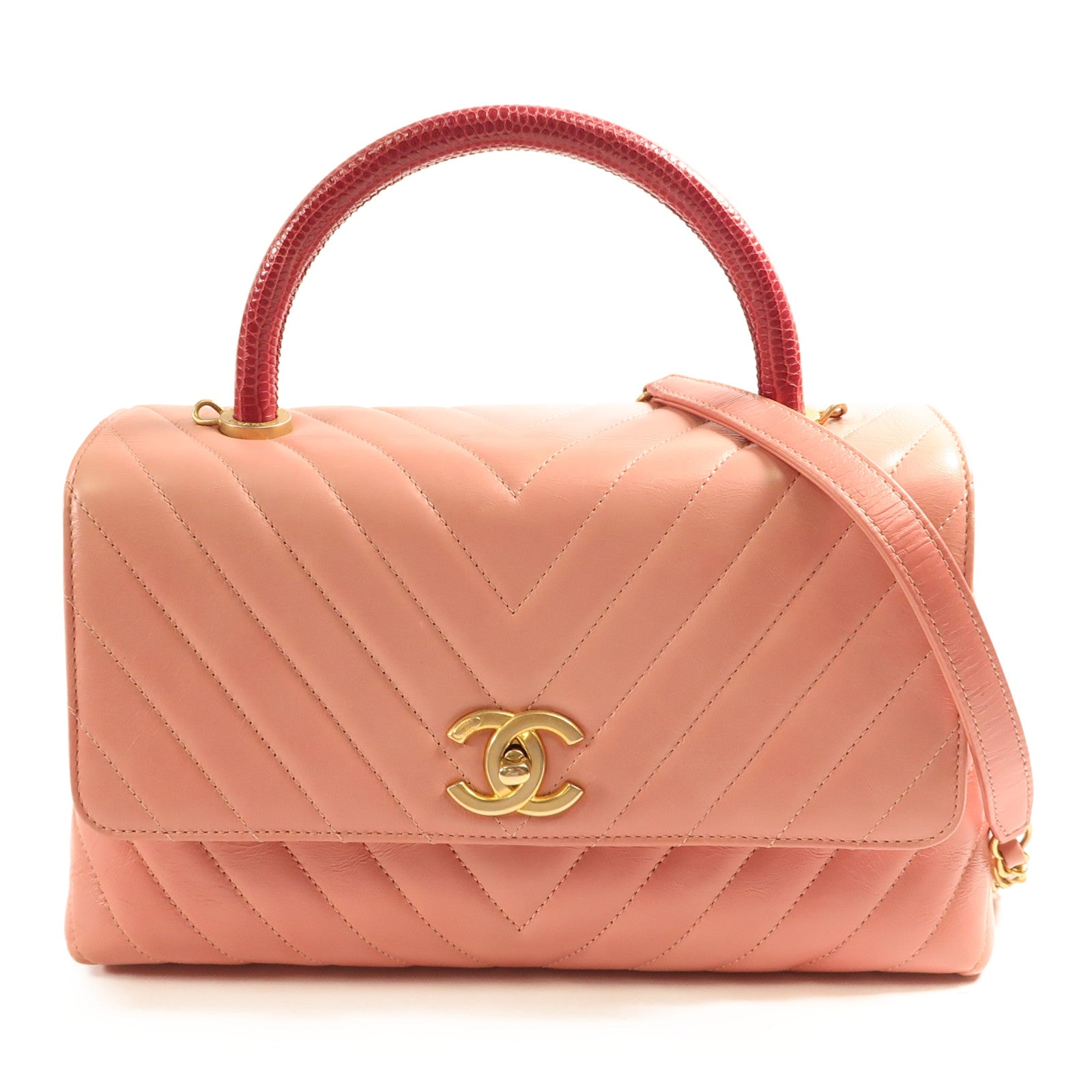 CHANEL 蜥蝪皮革/牛皮皮革Flap with Top Handle金扣手挽肩背兩用袋