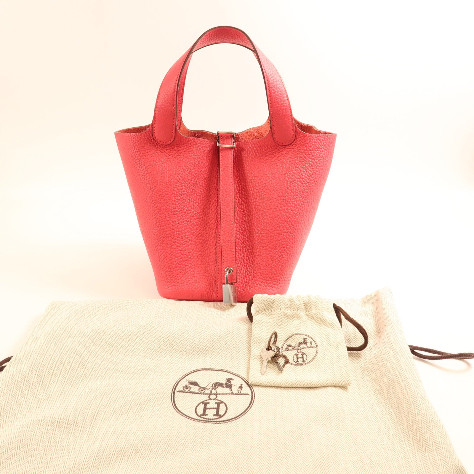 HERMES Clemence皮革Picotin PM銀扣手挽袋Rose Extreme